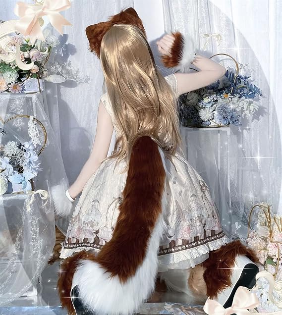 Faux Fur Cat Ears Hair Hoop Furry Wolf Fox Tail Halloween Neck Chocker Fuzzy Wrist Leg Warmer Cuff Cover Cosplay Set