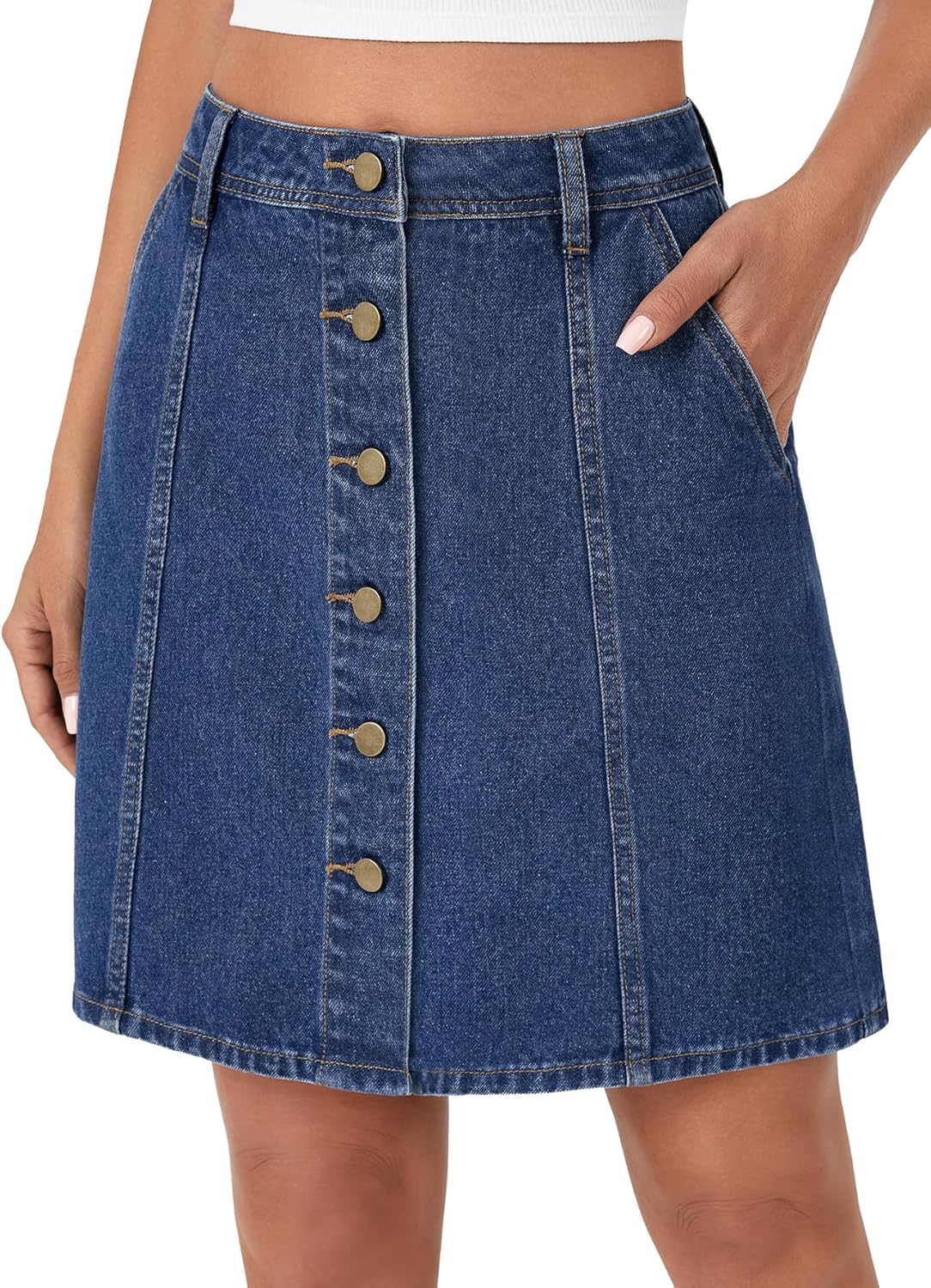 Rooscier Women's Button Down High Waisted A Line Jean Mini Denim Skirt with Pockets Blue Small - Image 3