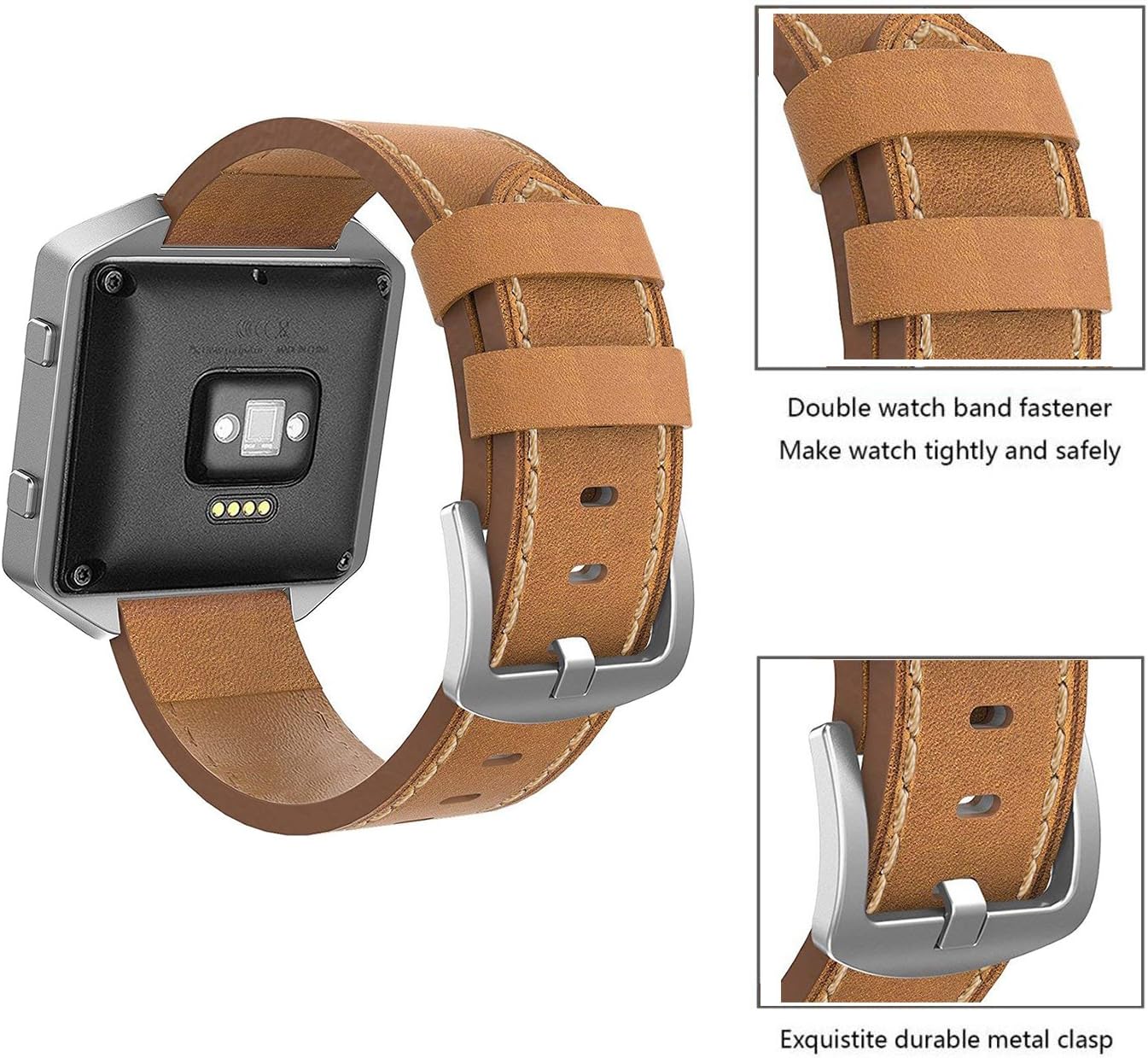 Andyou for Fitbit Blaze Bands Leather with Frame Small Large (5"-8.2"), Genuine Leather Replacement Band with Silver/Rose Gold/Black Metal Frame for Fitbit Blaze Women Men, Black, Brown, White, Gray.