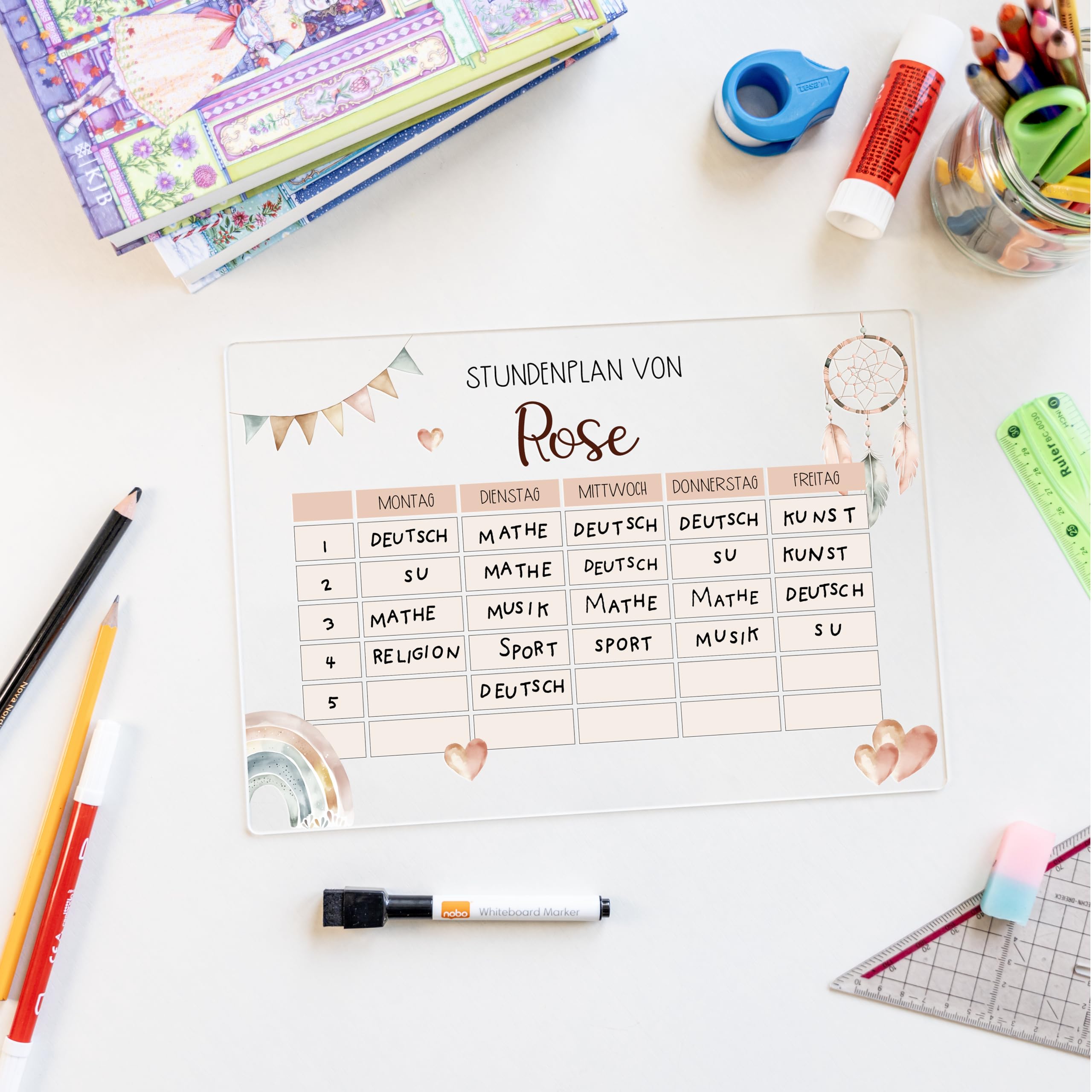 Nord-Kind personalisierter Stundenplan aus Acryl – abwischbar & wiederverwendbar – für Kinder der 1. Klasse zur Einschulung – Mädchen & Jungen (Boho2)
