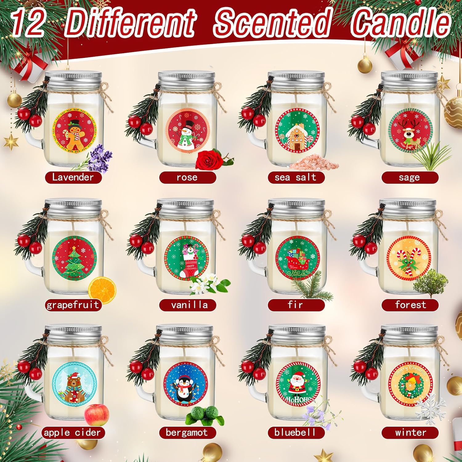 12 Pcs Christmas Scented Candle Gift Set 2.6oz 12 Fragrances Soy Wax Aromatherapy Christmas Candles Jars with Pine Needle Berry for Women Home Decorations Birthday Scented Holiday Presents