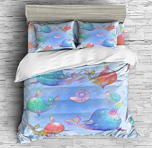 Miniatura 4 de REALIN Colorful Hand-Painted Narwhal Duvet Cover Set Cartoon Narwhal Bedding Girl Boy Kids Bed Sets 234PCS Quilt CoversSheetsPillow