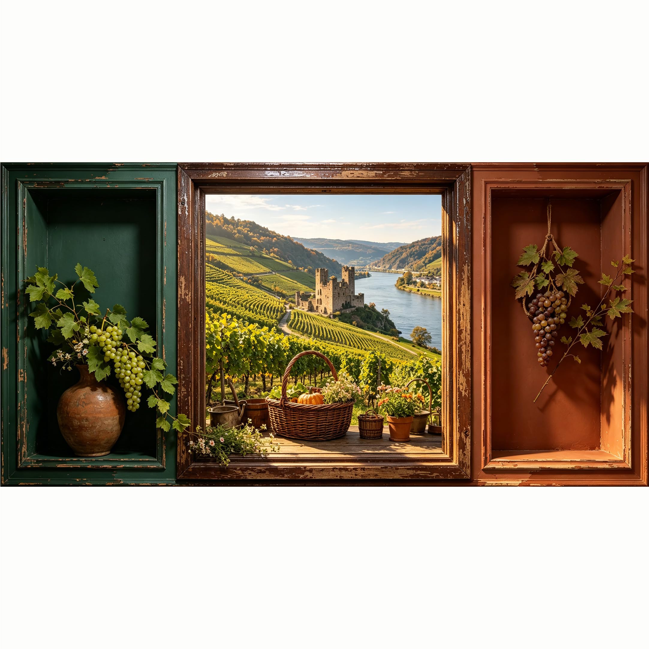 QZLITHOTIC 50x100cm 3D Framed Wall Art， Vineyard Castle Landscape Self‑Adhesive Mural， Water‑Activated Peel & Stick Fabric Decor Wall Decal for Bedroom Living Room
