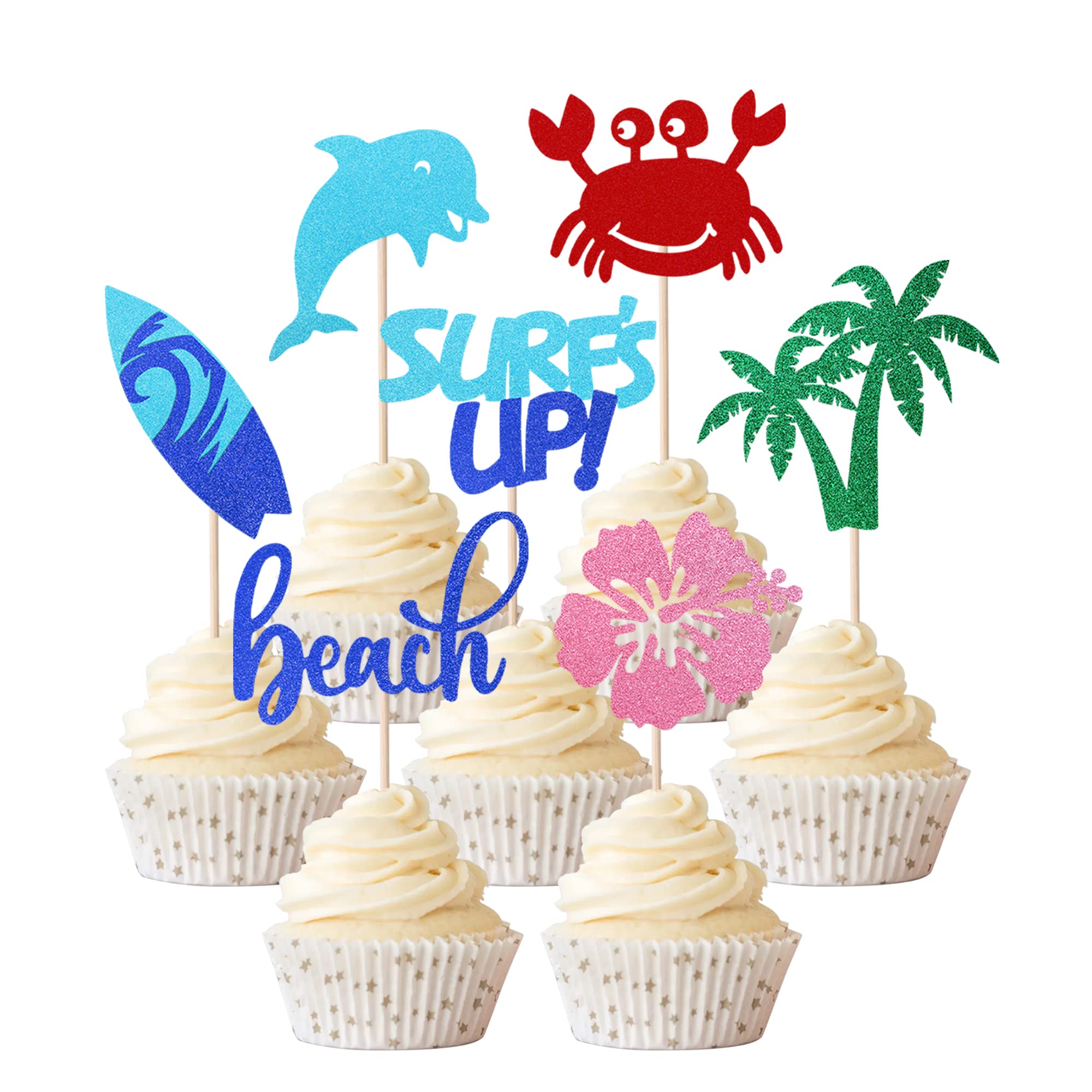 Xsstarmi 28 piezas de decoración para cupcakes de playa de verano, con purpurina, tabla de surf y magdalenas, cangrejo de delfín, baby shower, suministros para fiesta de cumpleaños