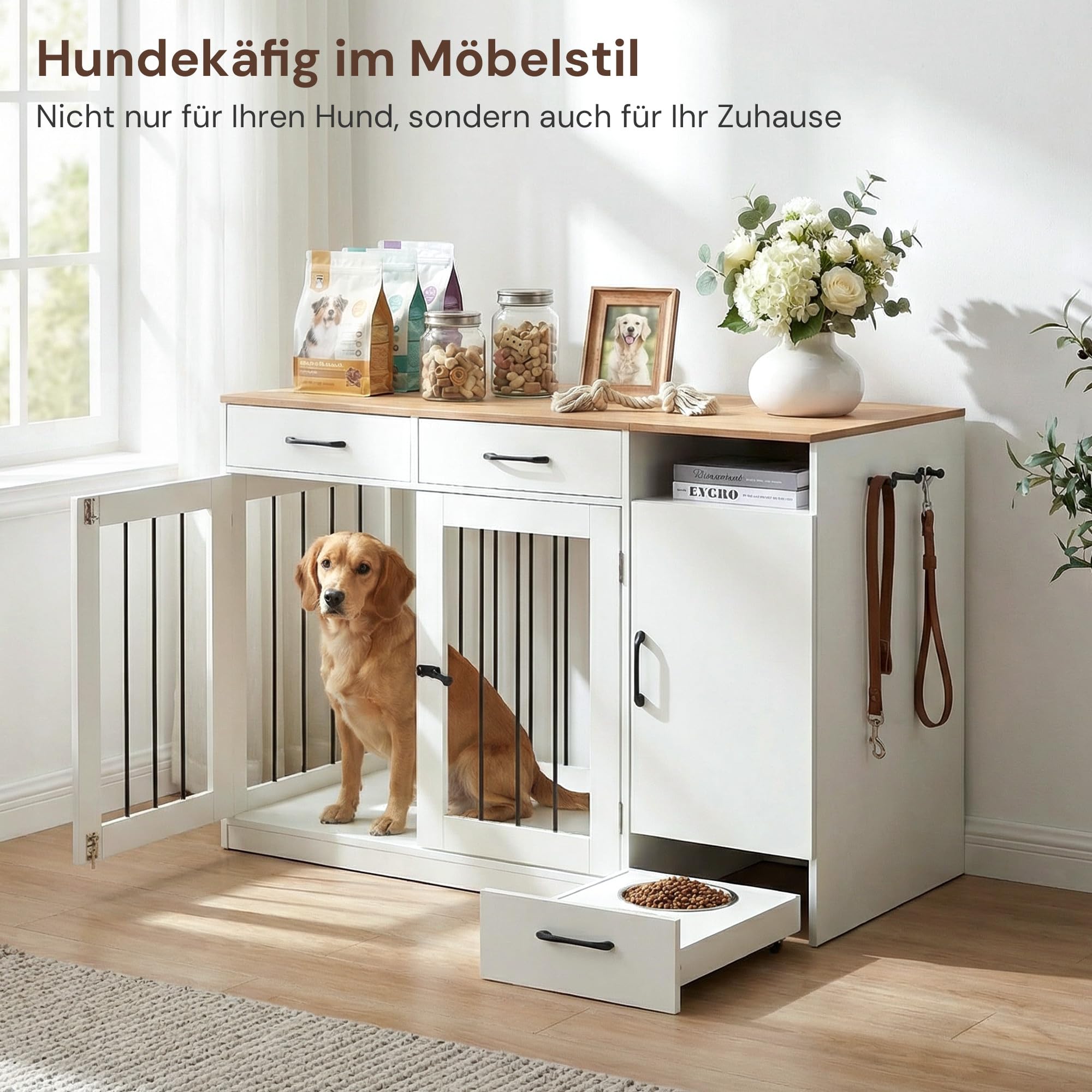 CLIPOP Hundekäfig Möbel, hundebox für zuhause, 125x60x88cm, Abschließbare Hundehütte, Moderne hundebox Holz Indoor, mit Schublade und Hundenapf, Vintagebraun und Weiß