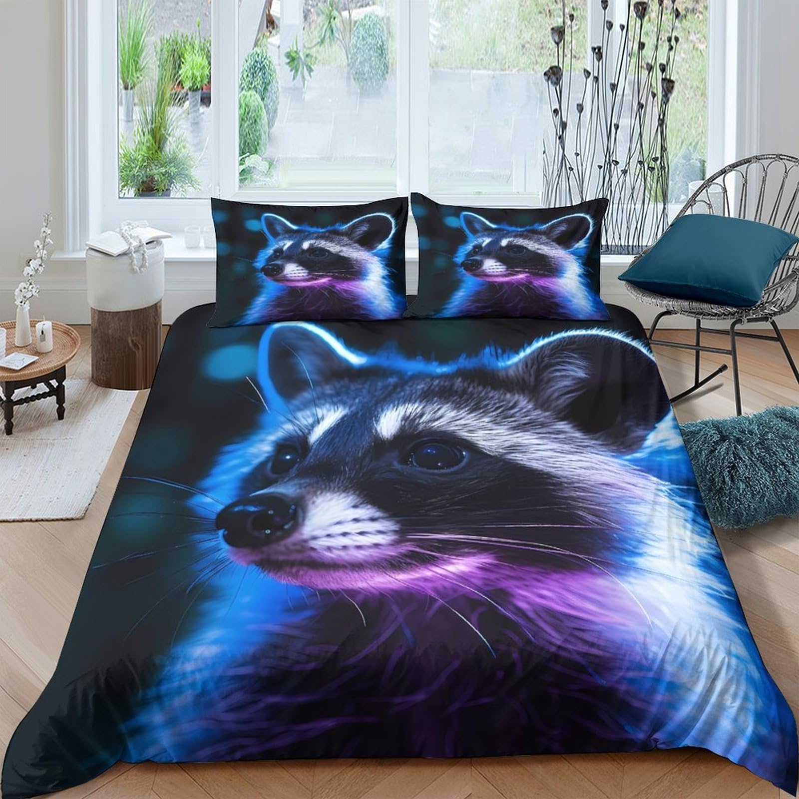 Ctjqhvkz Style-10 3D Printed Neon Raccoon Fitted Sheet Microfiber Soft Breathable Night Forest Bed Sheet For Bedroom Dorm Mattress Decor Single（135X200cm）