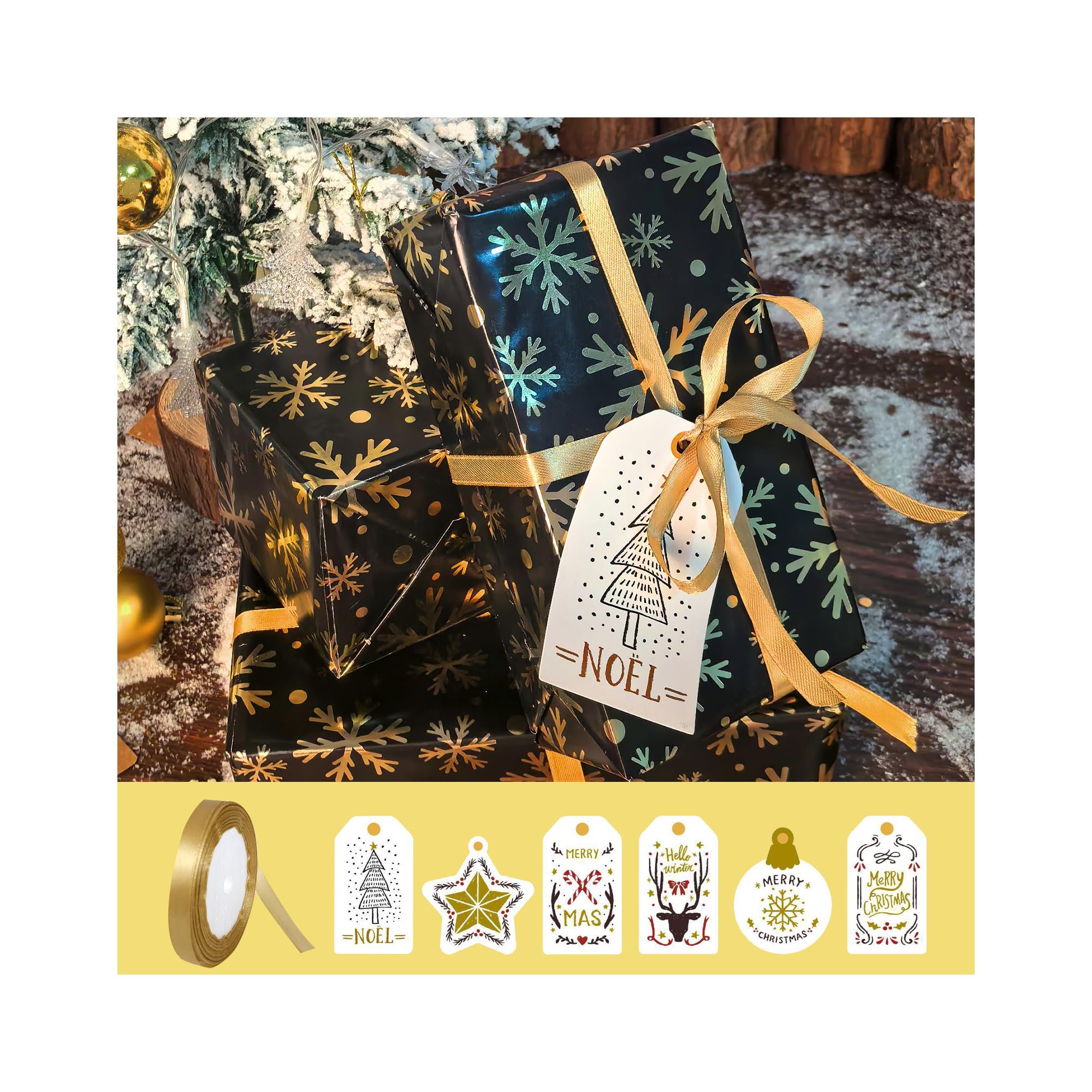 Christmas Wrapping Paper 70x50cm Recyclable Christmas Paper Sheets With Ribbon and Tags, Xmas Wrapping Paper Set, Green Gift Paper (Golden Snowflakes-70x50cm)
