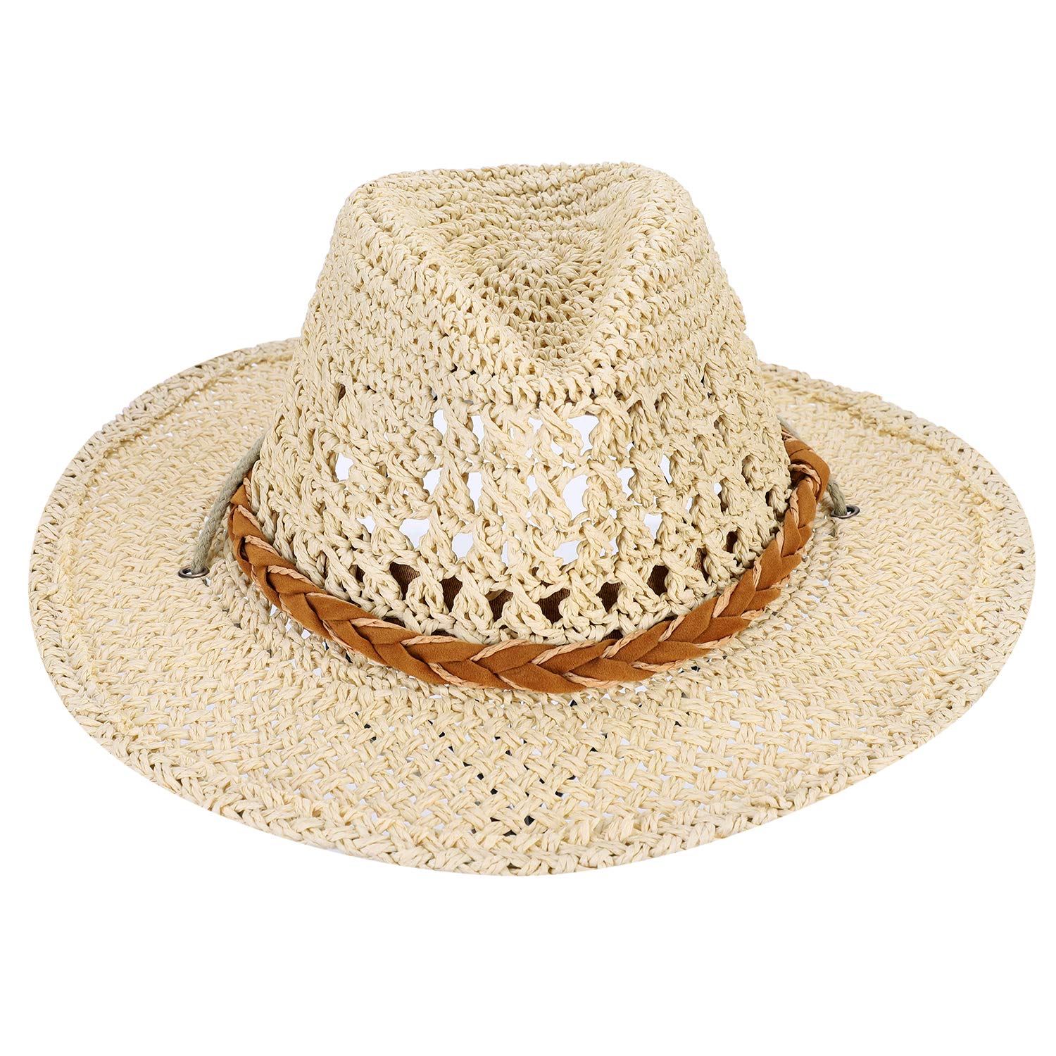 ITODA Chapeau de Cow-Boy en Paille Chapeau de Soleil à Larges Bords Panama d'été avec Bande Réglable pour Femme Homme Casquette Visière de Voyage Camping Plage Extérieur