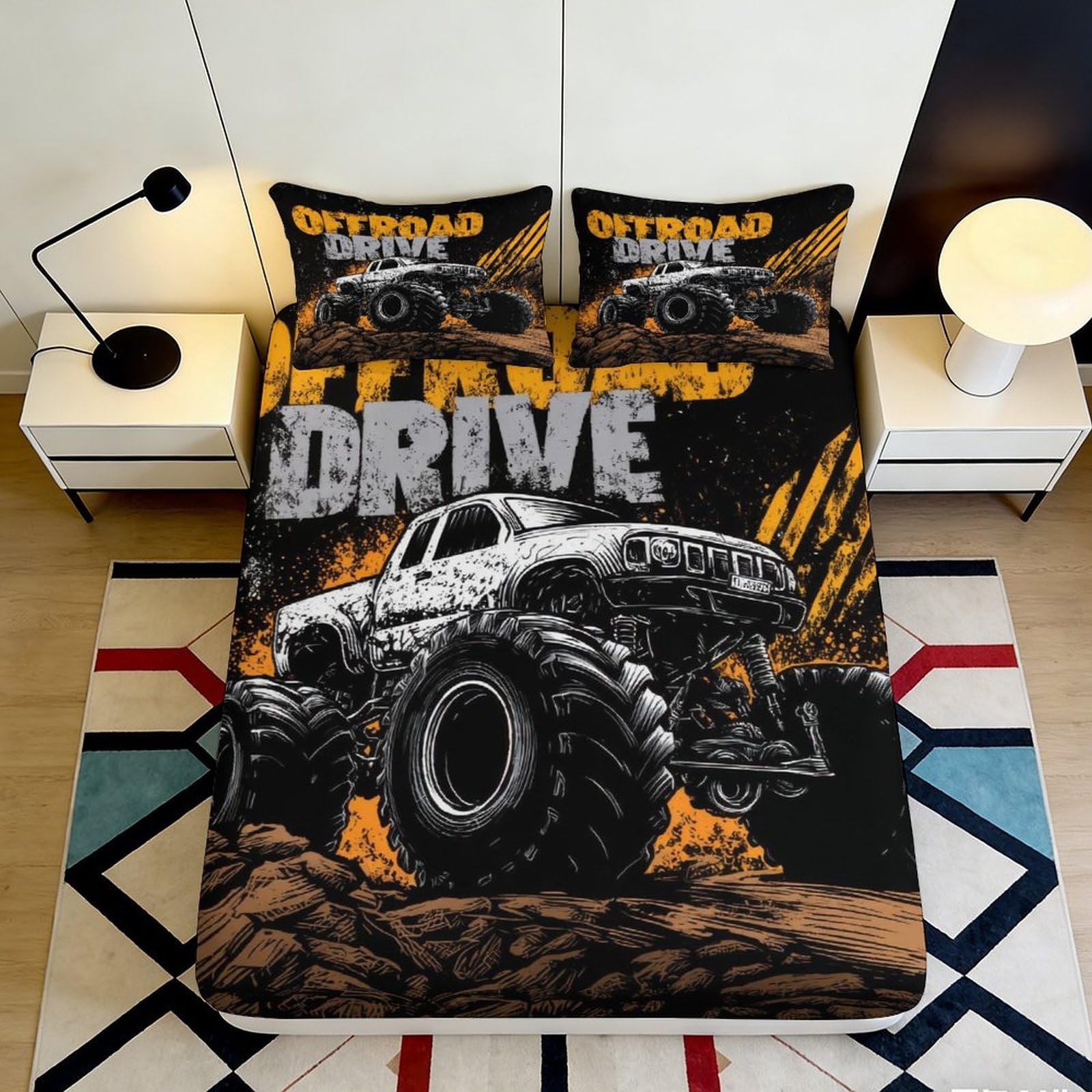 Pnayamiorkfel Style-2 3D Printed Monster Truck Fitted Sheet Microfiber Black Orange Offroad Drive Bed Cover For Bedroom Dorm Mattress Protector 90X200x25cm