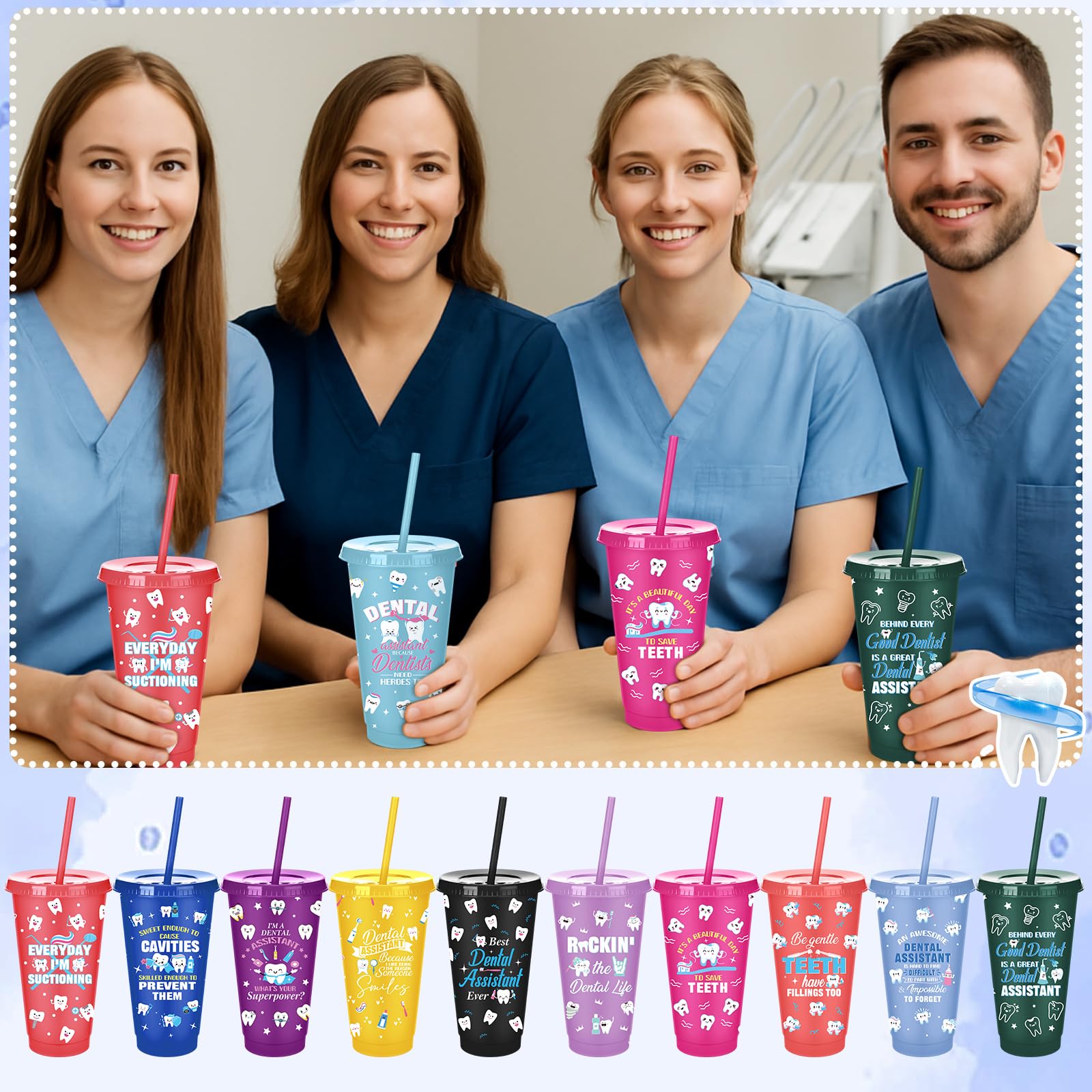 Meanplan 24 Pcs Dental Assistant Week Gifts Bulk 24 oz Plastic Teeth Tumbler with Lids and Straws Thank You Cups Travel Mugs Inspirational Dental Assistant Appreciation Gifts for Dentist Party Favors