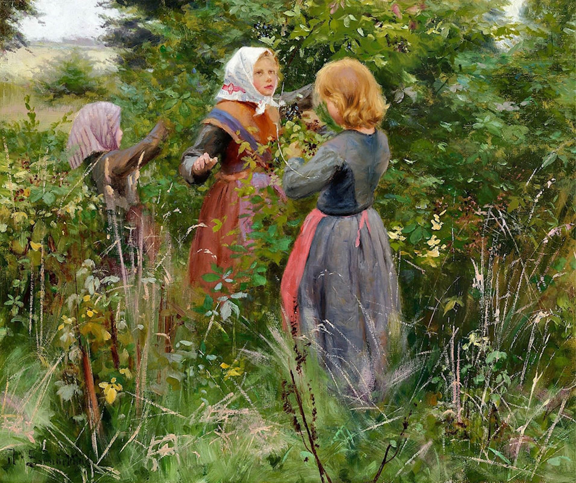 ARTXLXXBN Famous Art Print Poster Vintage Wall Art Three Little Girls Picking Blackberries by Hans Anderson Brendekilde Canvas Art Poster for Home Decor 60x90cm