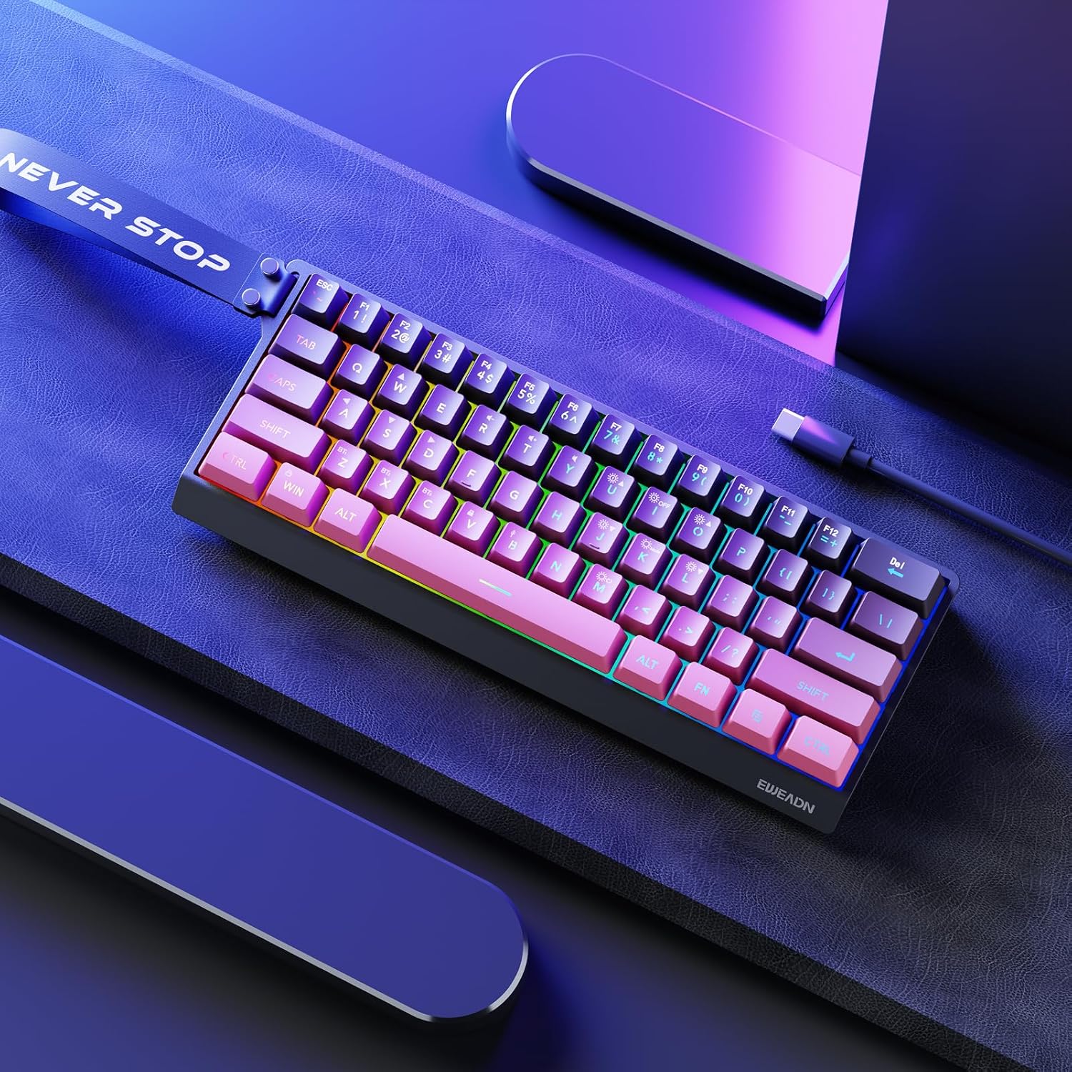 EWEADN F61 60% Gaming Keyboard Wired, RGB Backlit Membrane Gaming Keyboard with PBT Keycaps, Compact Design, Lanyard Wired Keyboard for Mac/Win-Black Pink