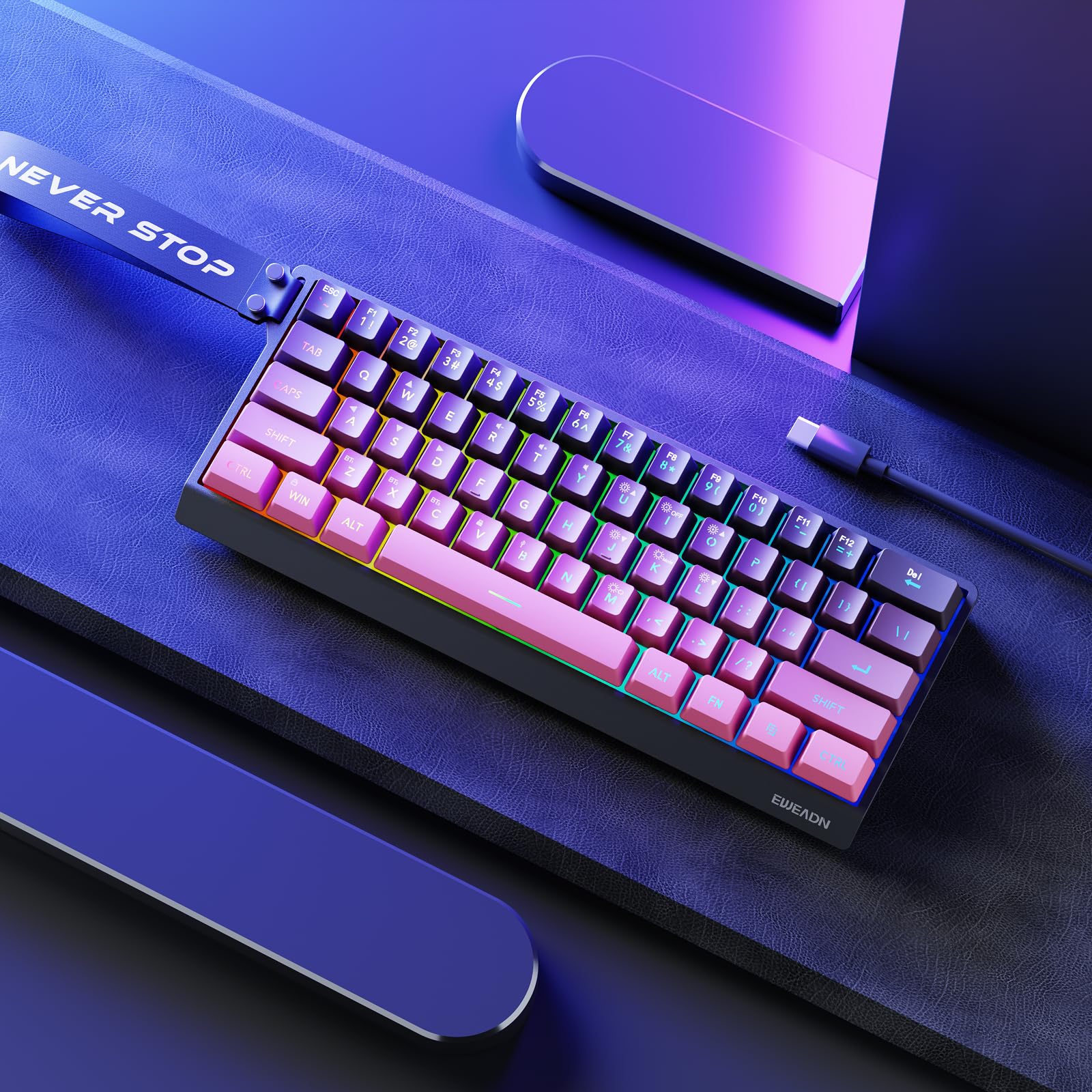 EWEADN F61 60 Gaming Keyboard Wired RGB Backlit Membrane Gaming Keyboard with PBT Keycaps Compact Design Lanyard Wired