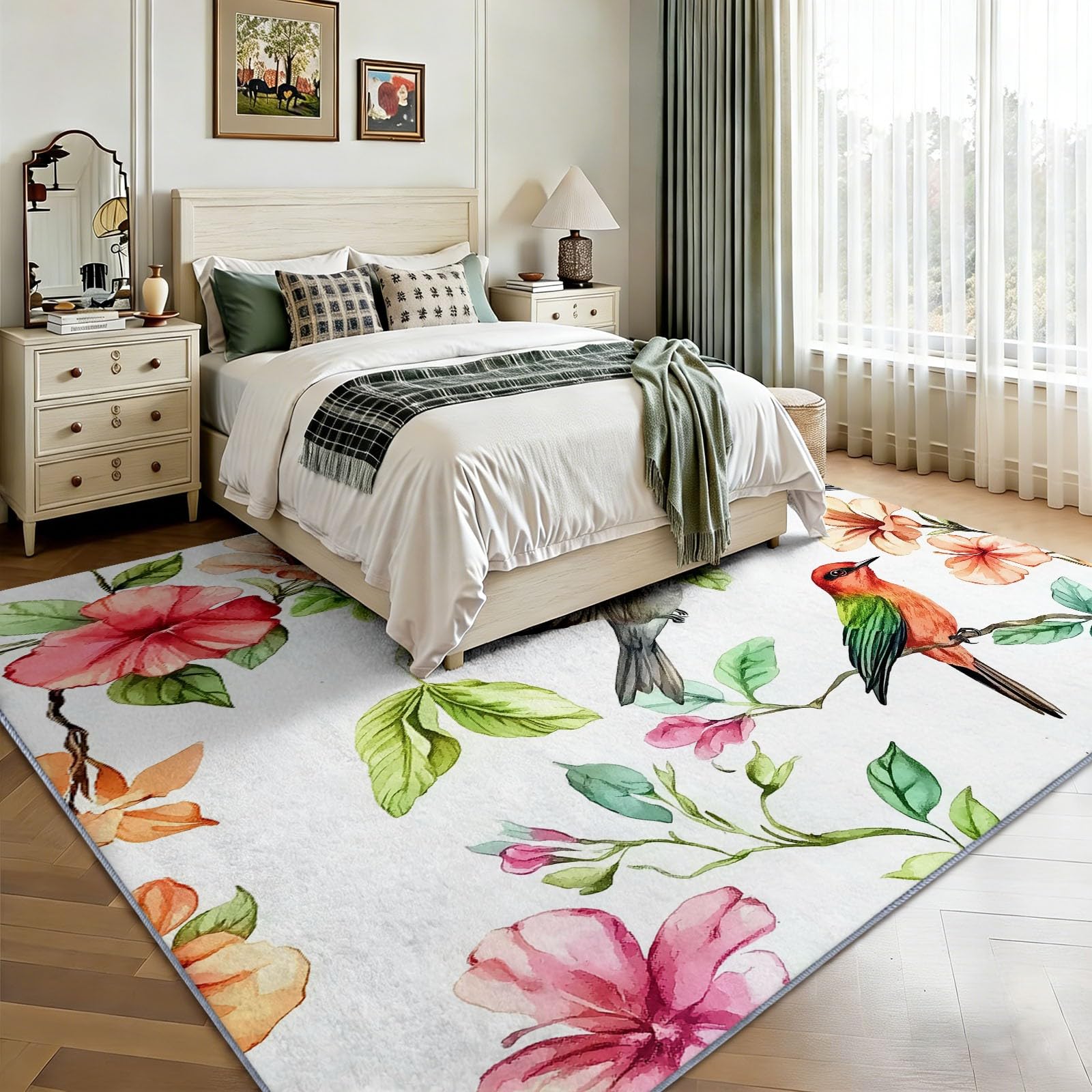 Dywan do salonu kwiaty ptaki gałązki 160 x 230 cm miękki prostokątny antypoślizgowy zmywalny krótki stos dywan, do salonu sypialni pokoju dziecięcego, biały