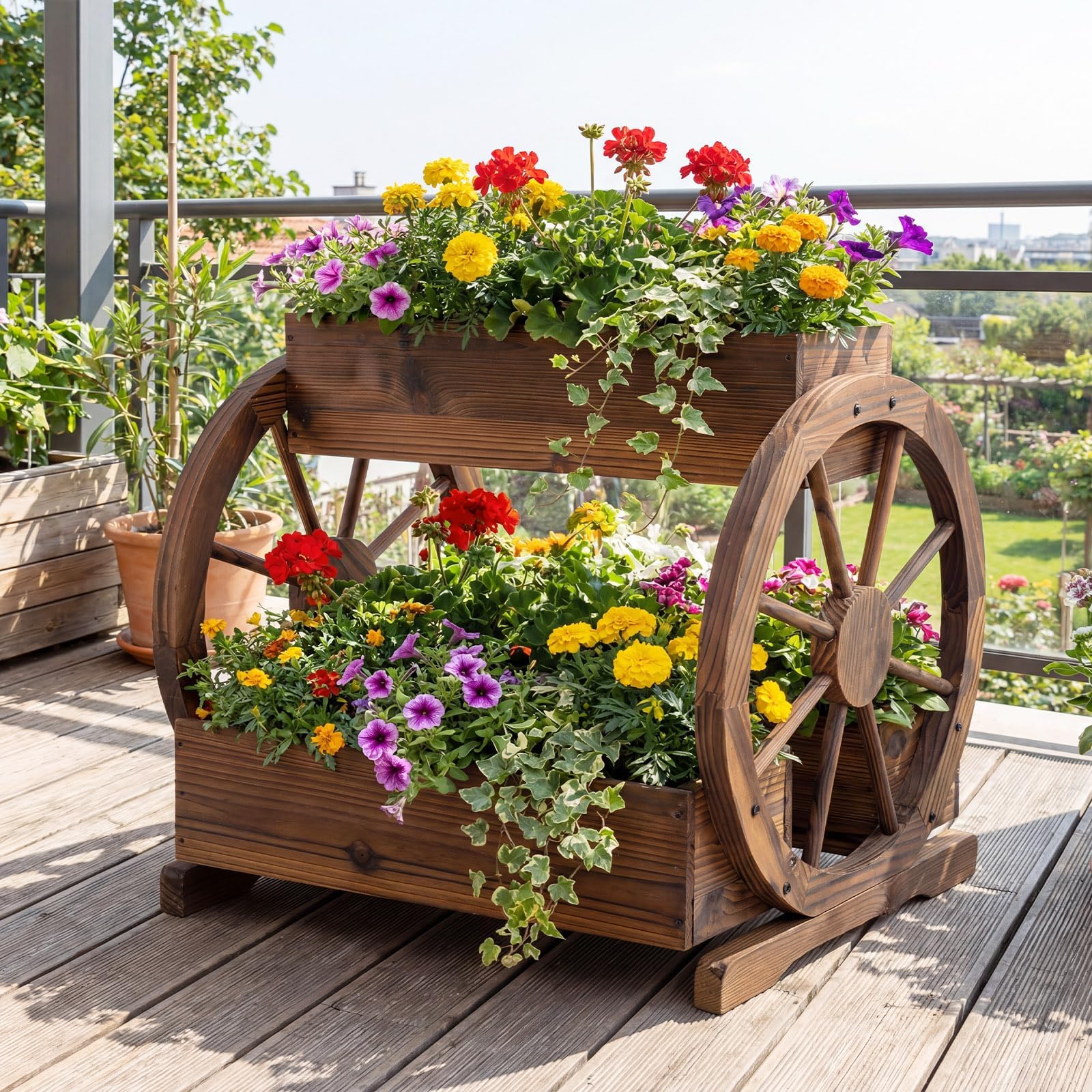 COSTWAY Cama de Jardín Elevada de 2 Niveles, Macetero de Madera Decorativo con 3 Cajas de Cultivo, Orificios de Drenaje y Ruedas, Maceta para Flores, Verduras Hierbas, Exterior e Interior