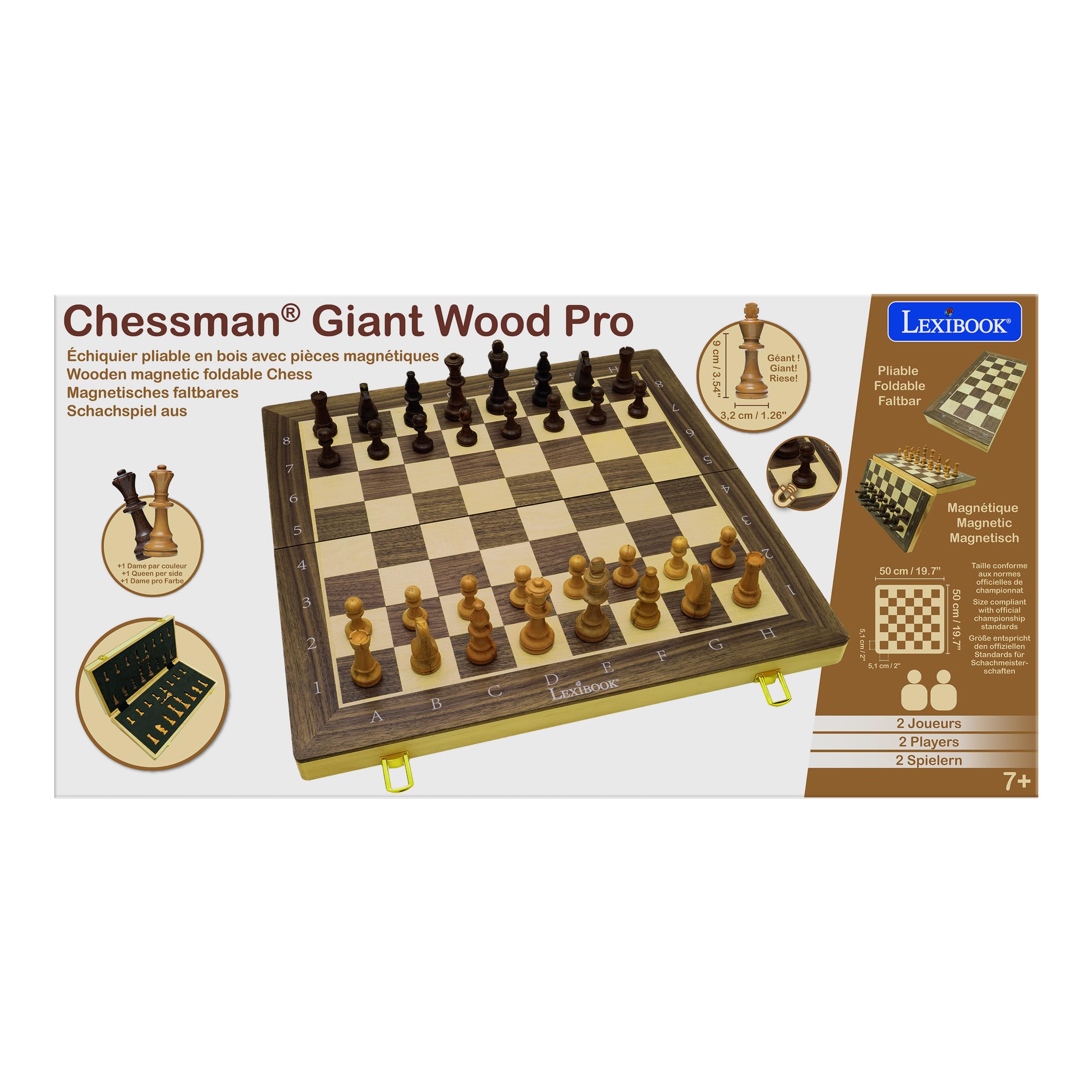 Lexibook, Chessman Giant Wood Pro - zusammenklappbares Schachbrett aus Holz mit magnetischen Figuren, CGM1000LXB