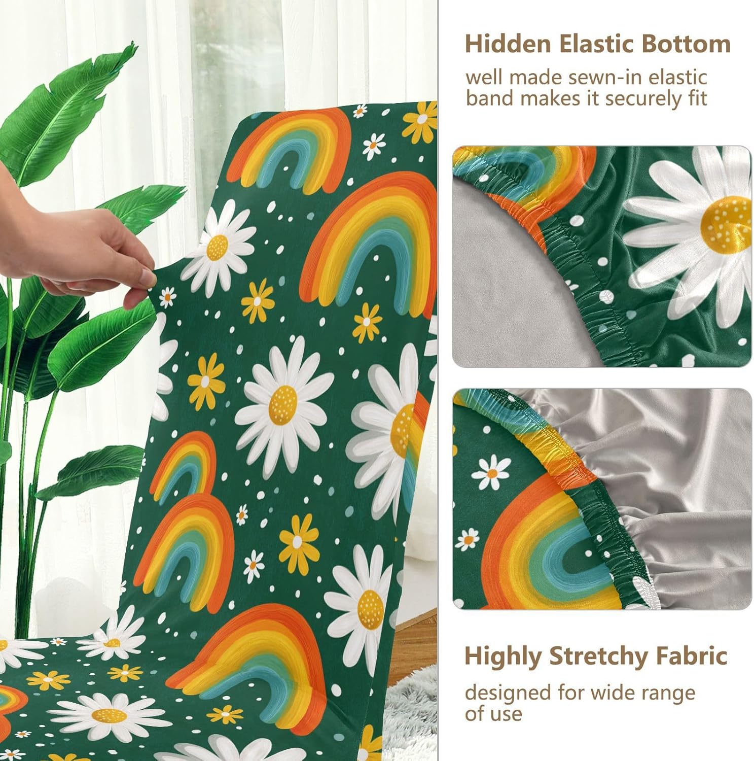 ALAZA Chair Covers for Dining Room, White Daisy and Rainbow Stretch Chair Cover Sets Chair Protector Removable Washable for Ktichen Restaurant Hotel