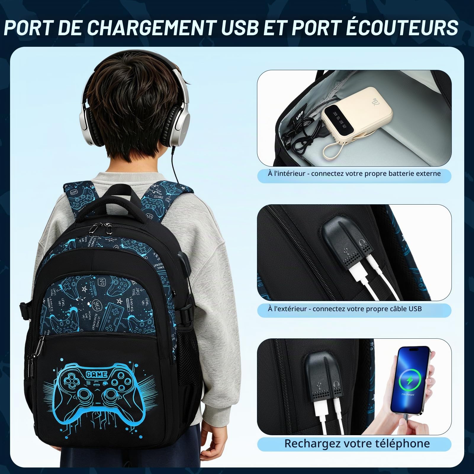 Cartable Garçon Lumineux, Sac à Dos Grande Capacité Trousse