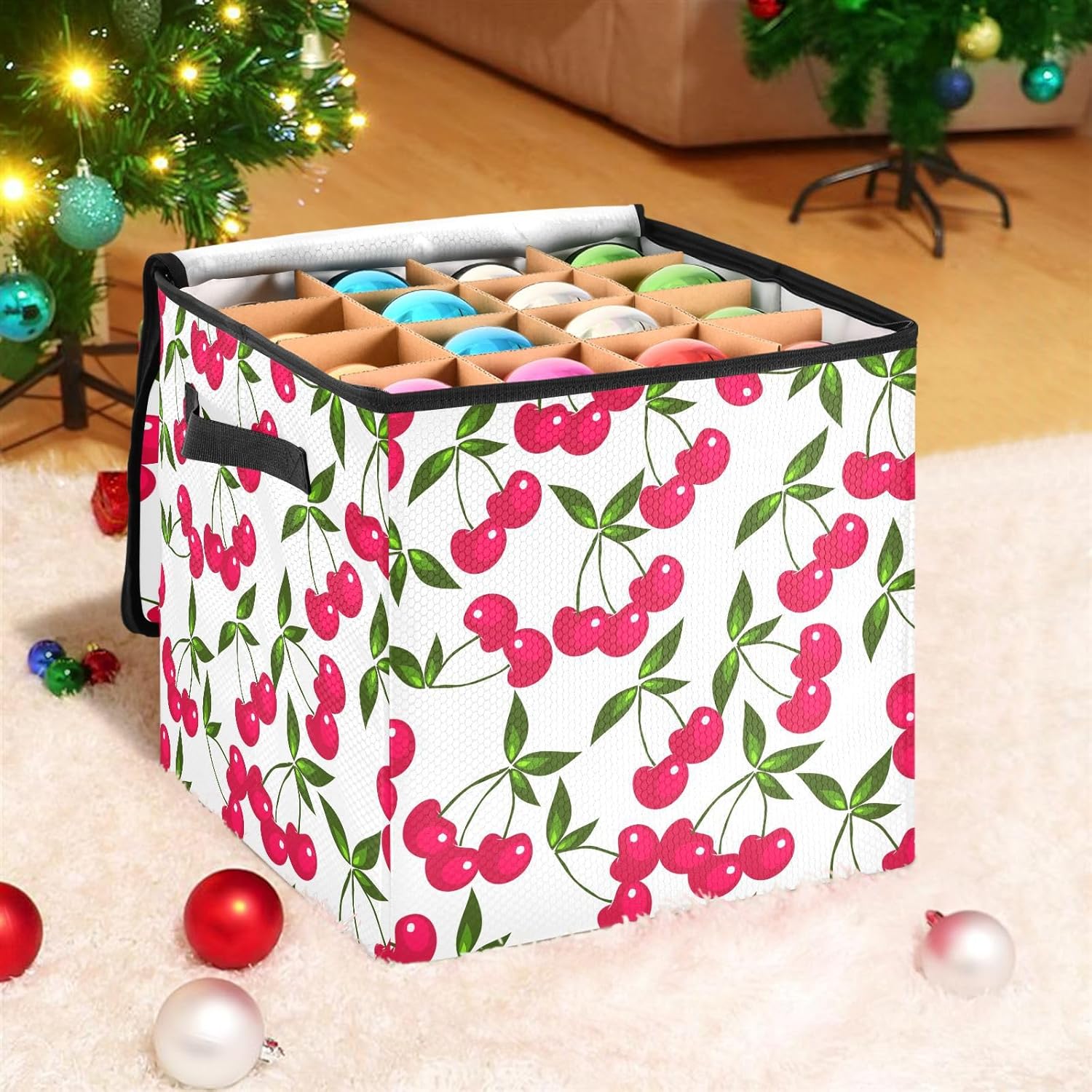 Cherry 13 Inch Christmas Ornament Storage Box with Lid - Holiday Decor Storage Containers, Stores 64 Ornaments, 3 Inch Cube Compartments