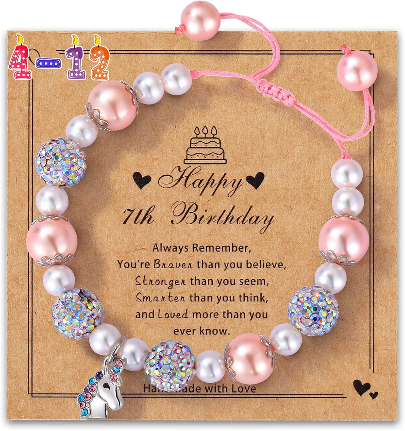 Unicorn Charm Bracelet for Girls - Adjustable Pink Pearl Kids Bracelet for Toddler Girls 4-12 Year Old- Daughter Granddaughter Child's Jewelry Gift for Birthday Christmas gifts