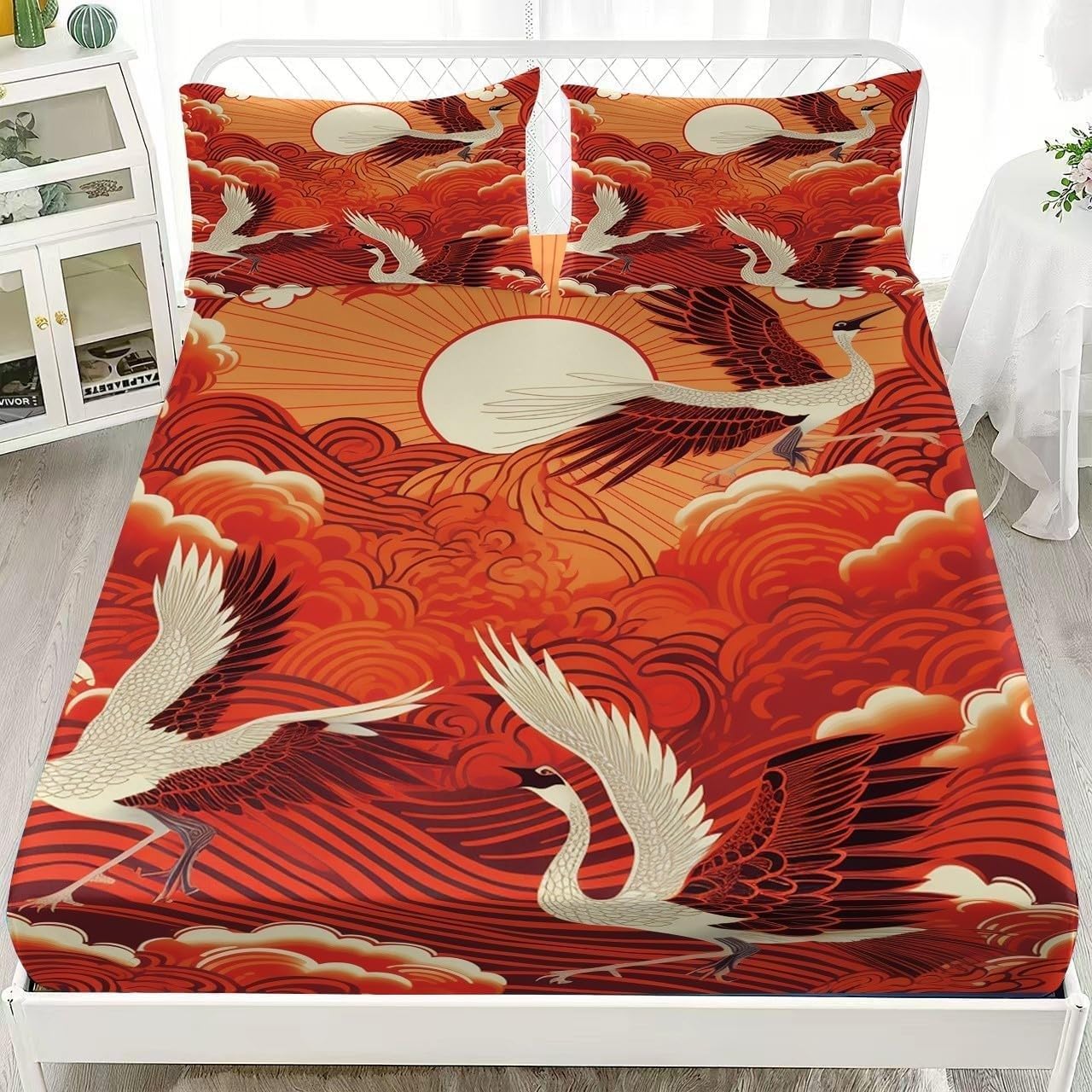 Japanese Crane Super King Fitted Sheet Cloud Patterns Bed Sheets Deep Pocket 12 inch (30 cm) Soft Cozy 3 Piece Microfibre Bed Sheet 180x200 cm with 2 Pillowcases 50x75 cm