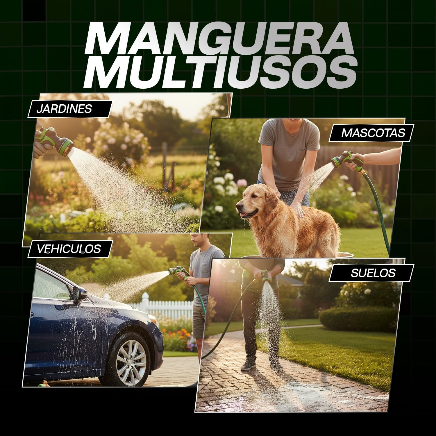 Manguera jardin extensible de 15 metros retráctil y sin nudos – manguera extensible ligera con pistola 10 funciones, sin fugas y fácil de guardar – para riego, exterior, coche y mascotas