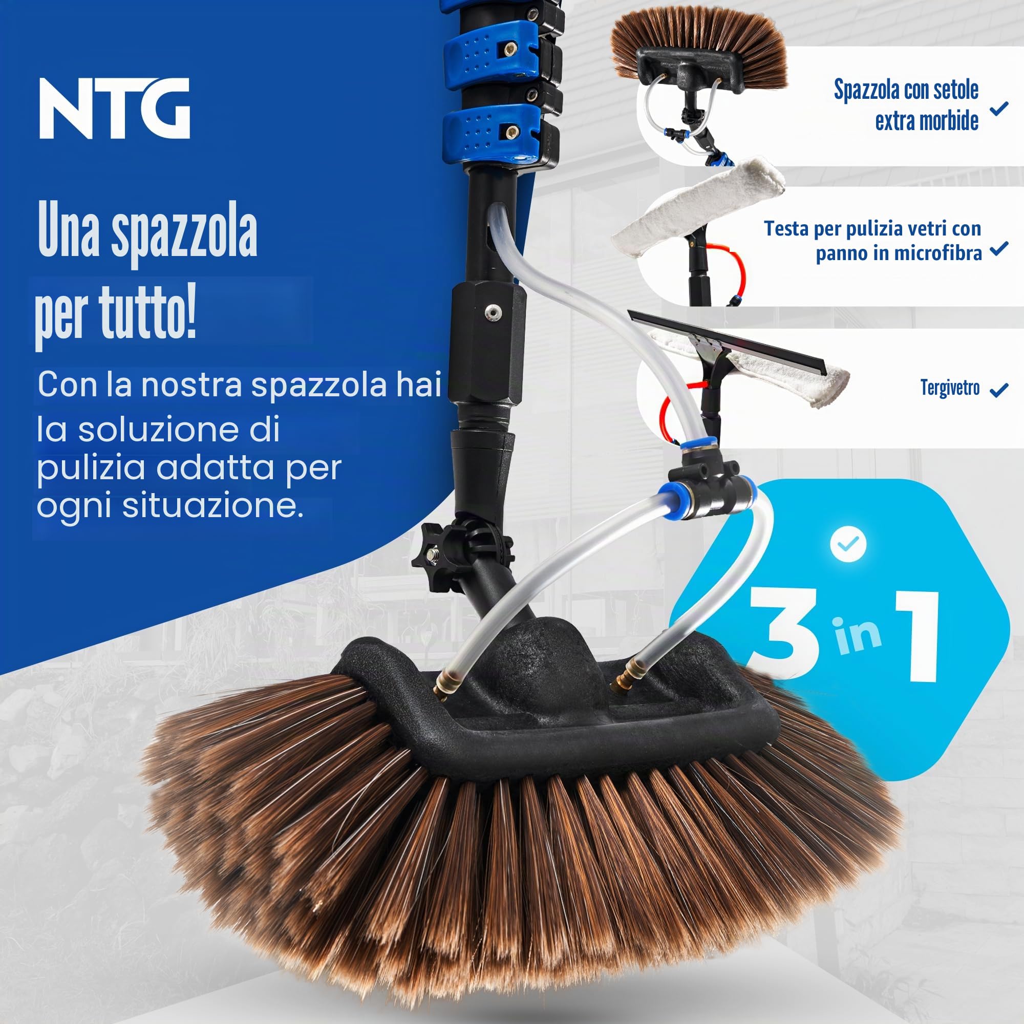 NTG Spazzola telescopica 1,68 – 7 m 3 in 1 con setole morbide + panno microfibra e estrattore acqua + dispenser sapone finestre, solare (fino a 4,6 m)