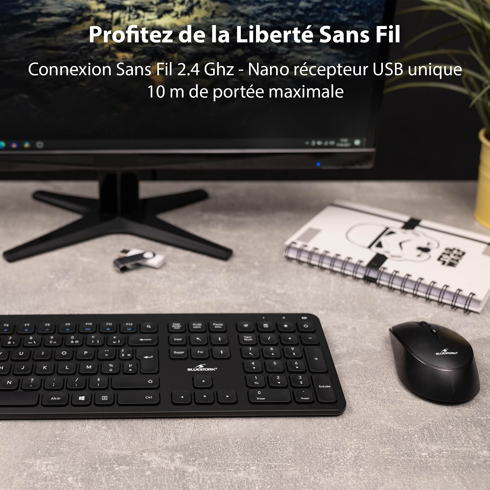 Bluestork - Pack Easy Slim Teclado y Ratón Inalámbrico - Wireless - Silencioso - Diseño Ultra Silm - AZERTY FR (Negro)
