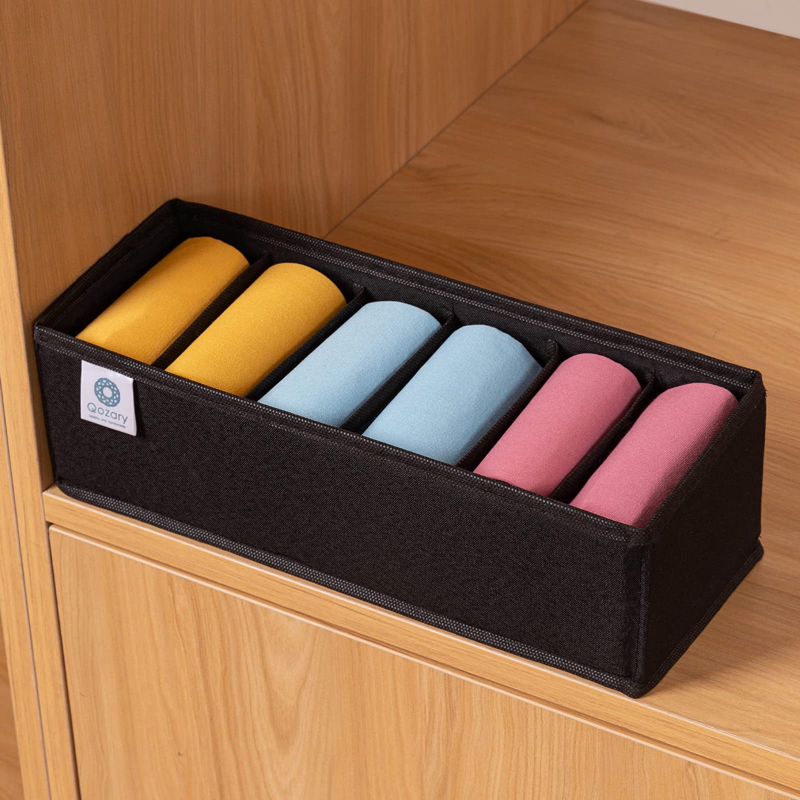 Qozary Lot de 3 séparateurs de tiroir pour chaussettes, sous-vêtements, cravate, ceinture, chambre à coucher (noir, 6 compartiments)
