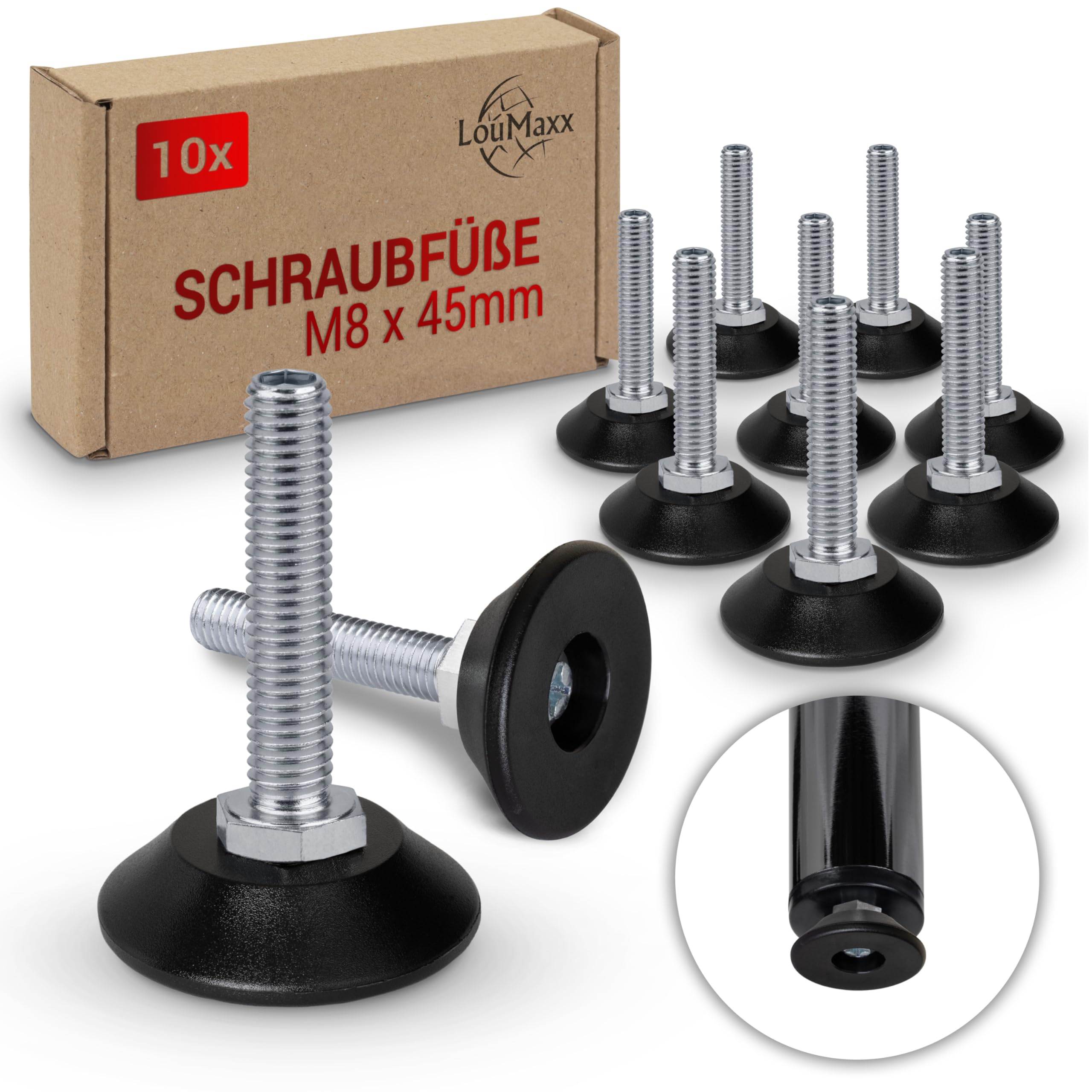 LouMaxx Stellfüße M8 x 45 mm - 10er Set- Regulierschraube  
