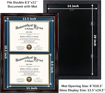 GraduationMall 14x20 Double Diploma Frame, Display 8.5x11 Certificate with Navy over Gold Mat,Tempered Glass,Mahogany with Gold Beads