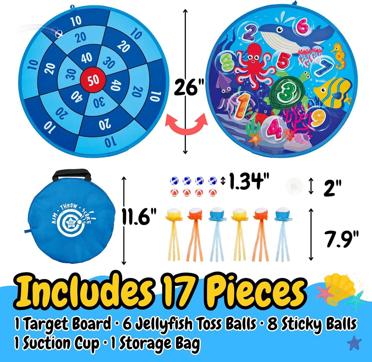 Grip Kids Number & Ocean Theme Double-Sided Dartboard Target Game – 26" Large Dart Board with Sticky Balls & Jellyfish Toss Balls, Indoor/Outdoor Gift Toy for Kids Ages 3–12