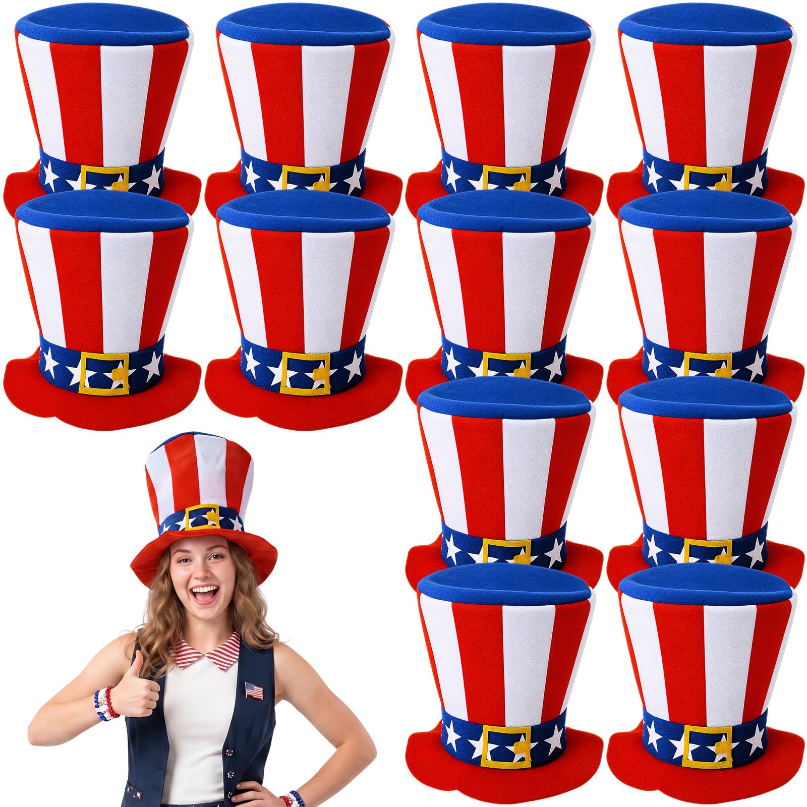 Shyyween 12/24 Pcs American Flag Plastic Hats Patriotic 4th of July Cowboy Hats White Blue Red Caps for Independence Day