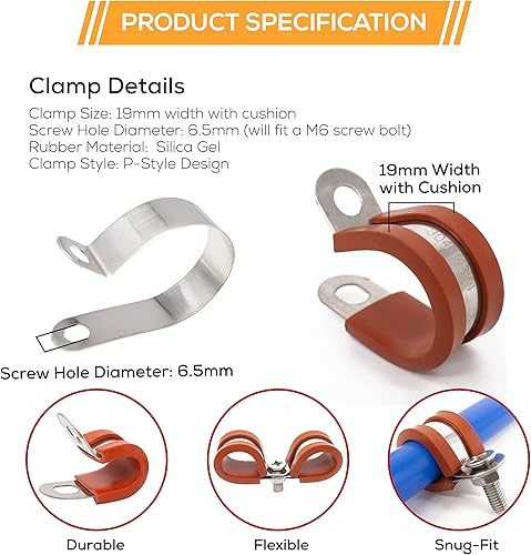 Miniatura 3 de Phoenix Top-Notch Tools Paquete de 12 abrazaderas de cable aisladas de goma de gel de sílice rojo de acero inoxidable 304 de 14 pulgadas para línea