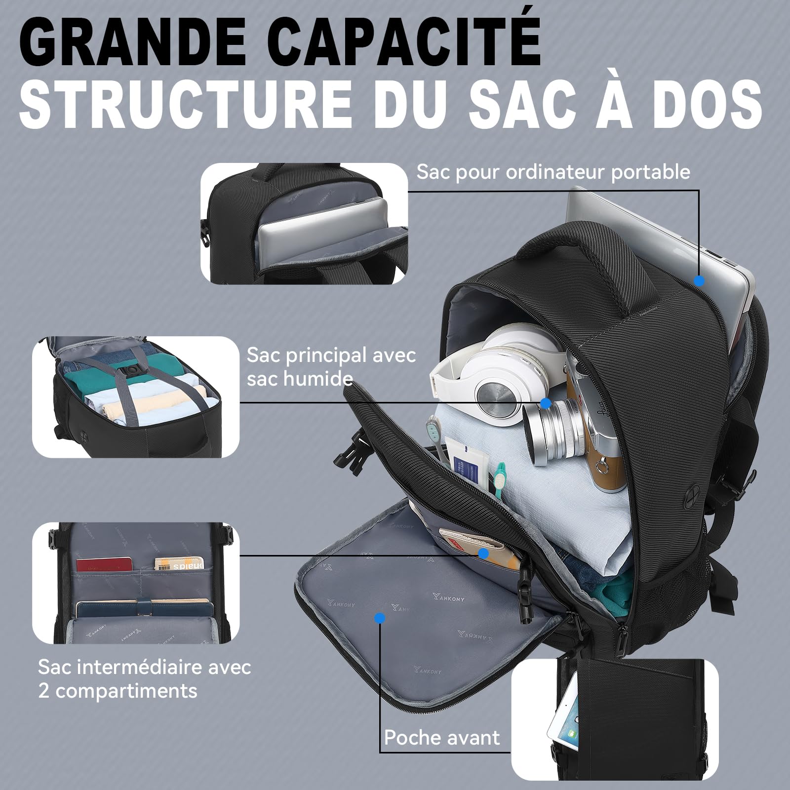 Yankony Sac a Dos Voyage Cabine Avion 45x36x20 pour Easyjet Sac de Voyage Résistant à l'eau & à Rayures Diagonales Homme Bagages Cabine sous Siège Femme sac à dos