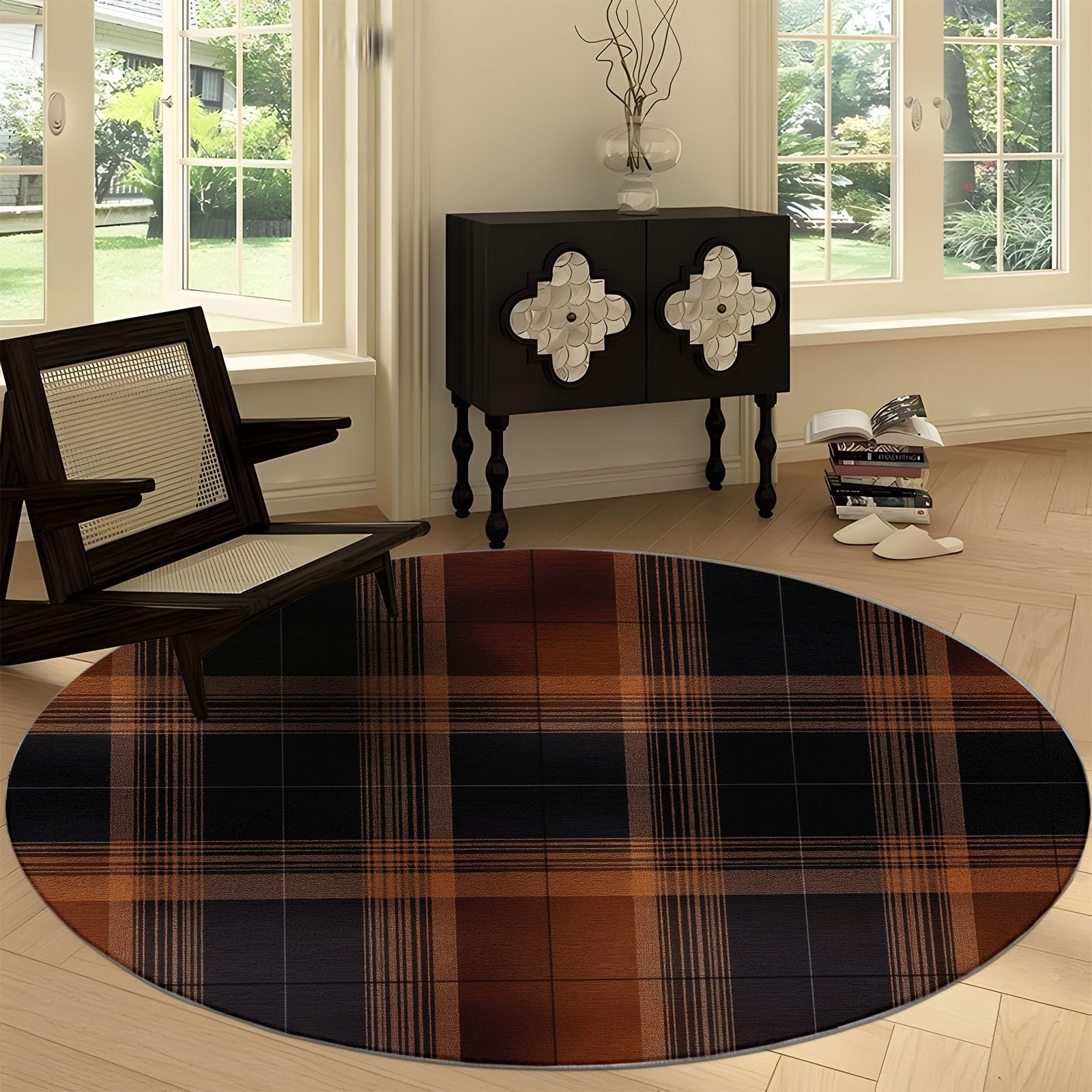 Waschbare Runde Teppiche 100 cm, Schwarz Braun Streifen Karos Rutschfester Runder Teppich für Wohnzimmer - Vintage Stil Weicher Niedrigfloriger Teppich für Unter den Esstisch Kinderzimmer