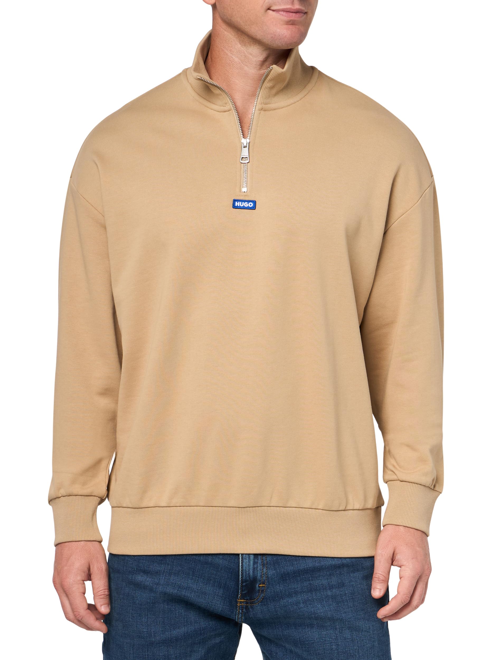 HUGO Men's Twill French Terry Quarter Zip Sweatshirt, Dunes, XL