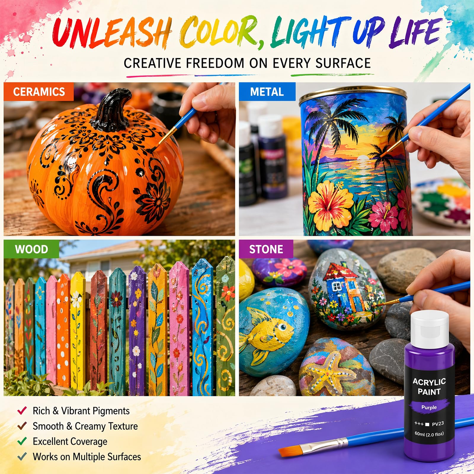 Juego de 50 pinturas acrílicas de 60 ml en botellas, de alta calidad, no tóxicas, resistentes al agua, juego de pinturas acrílicas con pinceles para artistas, estudiantes, adultos, para lienzo, madera