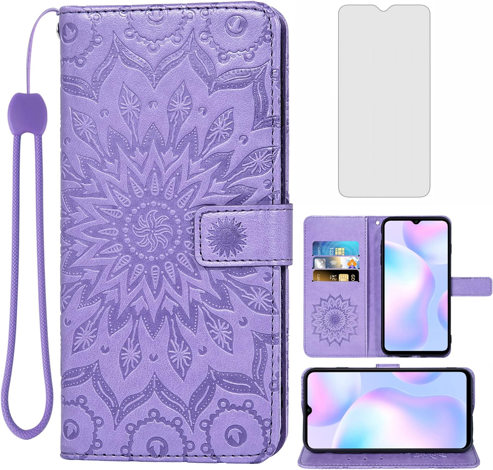 Phone Case for Xiaomi Redmi 9AT/ Redmi 9A (6.53 inch) Wallet with Tempered Glass Screen Protector Leather Slim Flip Cover Card Holder Stand Cell Accessories Redme 9i Redmi9AT Redmi9A Women Purple