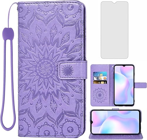 Funda de teléfono para Xiaomi Redmi 9A Redme 9i Wallet Carcasas con protector de pantalla de vidrio templado y cubierta delgada de cuero con tapa