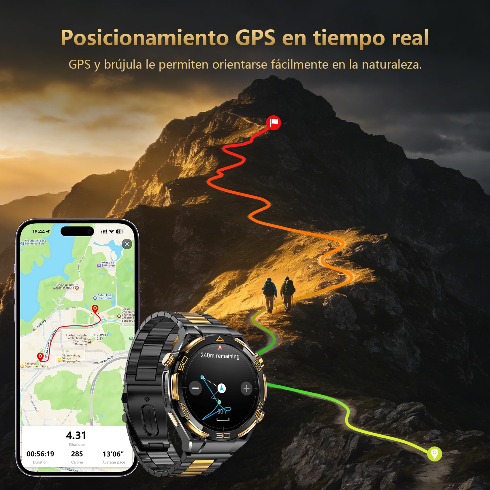 IOWODO Reloj Inteligente Hombre Lujo, Smartwatch 1.43" AMOLED con GPS y Llamadas Bluetooth, Chapado 14K, Linterna y Brújula, 20 Días Batería, Monitor Salud, 327 Esferas,100+ Deportes, IP68, 2 Correas