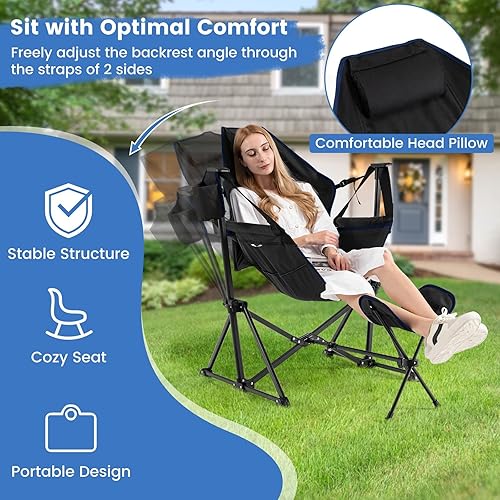 Miniatura 4 de DORTALA Sillas hamaca oscilantes para campamento, silla de campamento mecedora con reposapiés retráctil, silla de campamento plegable para adultos,
