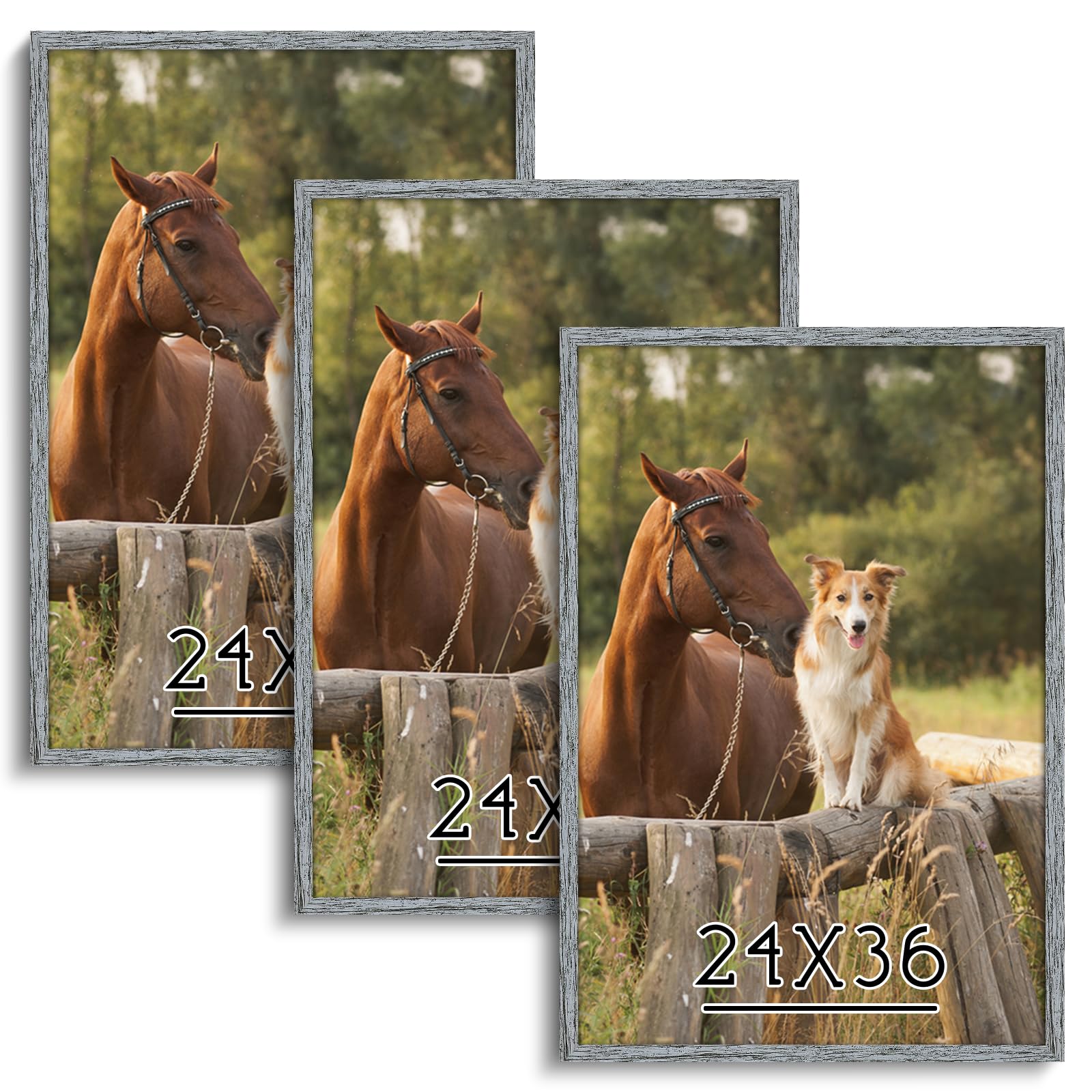 HLiWEGNS Grey 24x36 Frame Set of 3 - Rustic Woodgrain 24 x 36 Poster Frame with Plexiglass for Wall Gallery Display, 24x36 Picture Frame for Puzzles, Artwork, Photos and Posters - Ideal Christmas Day
