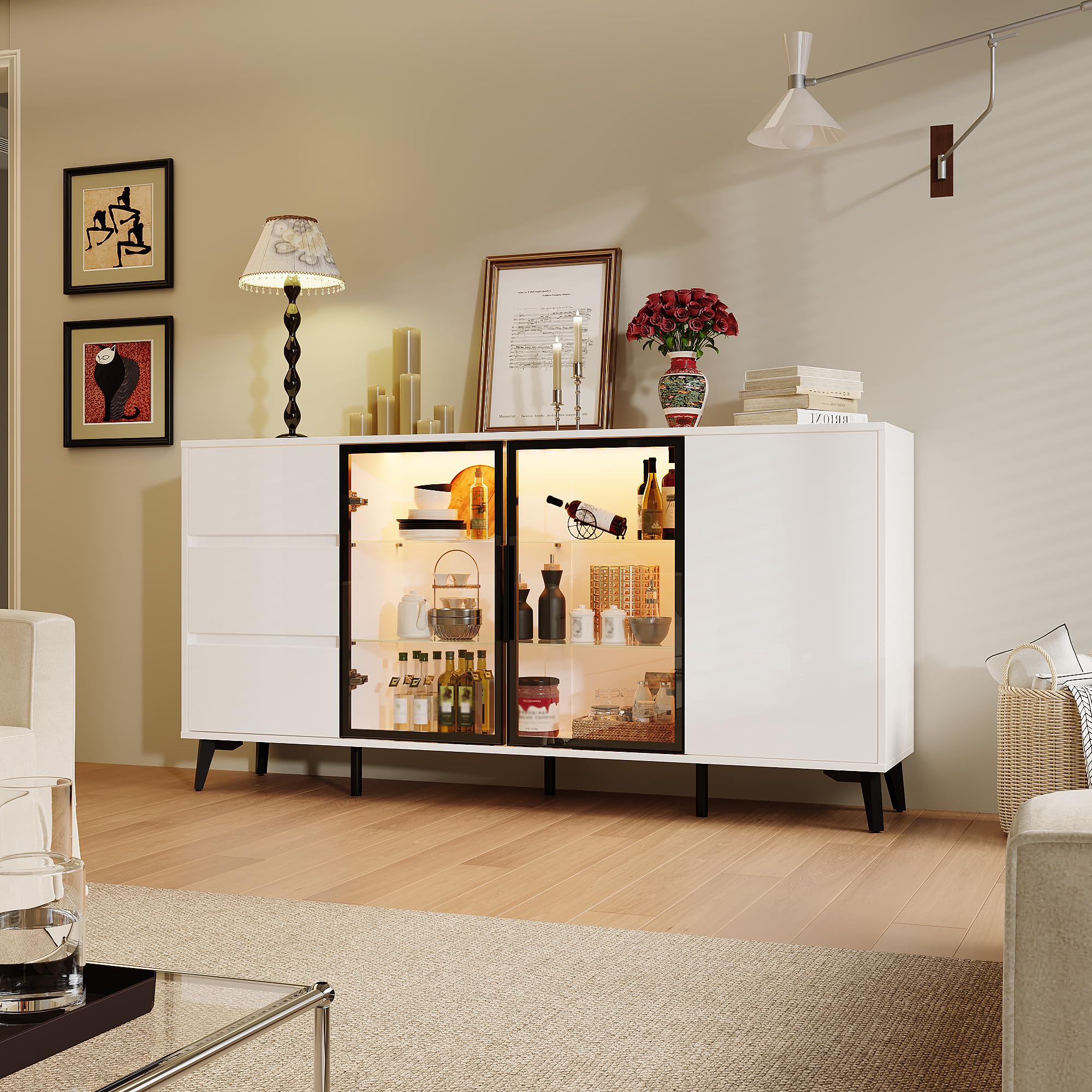 DEZAGCE Modern Sideboard 160cm with 3-Colour LED Lights, High Gloss Buffet Cabinet with 2 Glass Doors, 1 Wood Door & 3 Drawers, FSC-Certified Storage Display for Living Room, Dining Room, White