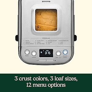 Cuisinart Bread Maker Machine, Stainless Steel Automatic Bread Machine with 12 Menu Options, 3 Loaf Sizes up to 2 Lb., 3 Crust Colors, Removable Nonstick Baking Pan & Kneading Paddle, CBK-110NAS