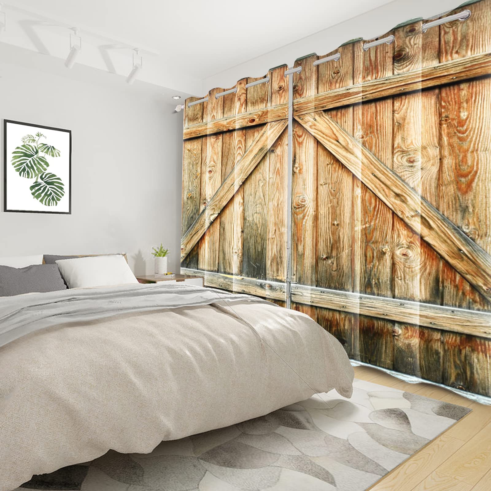 107x215cm Rideaux de fenêtre en Bois de Campagne Rustique en Bois Marron Porte de Grange Rideaux Ferme Occidentale Traitement fenêtre pour Salon Chambre décor Rideau occultant, 2 Panneaux