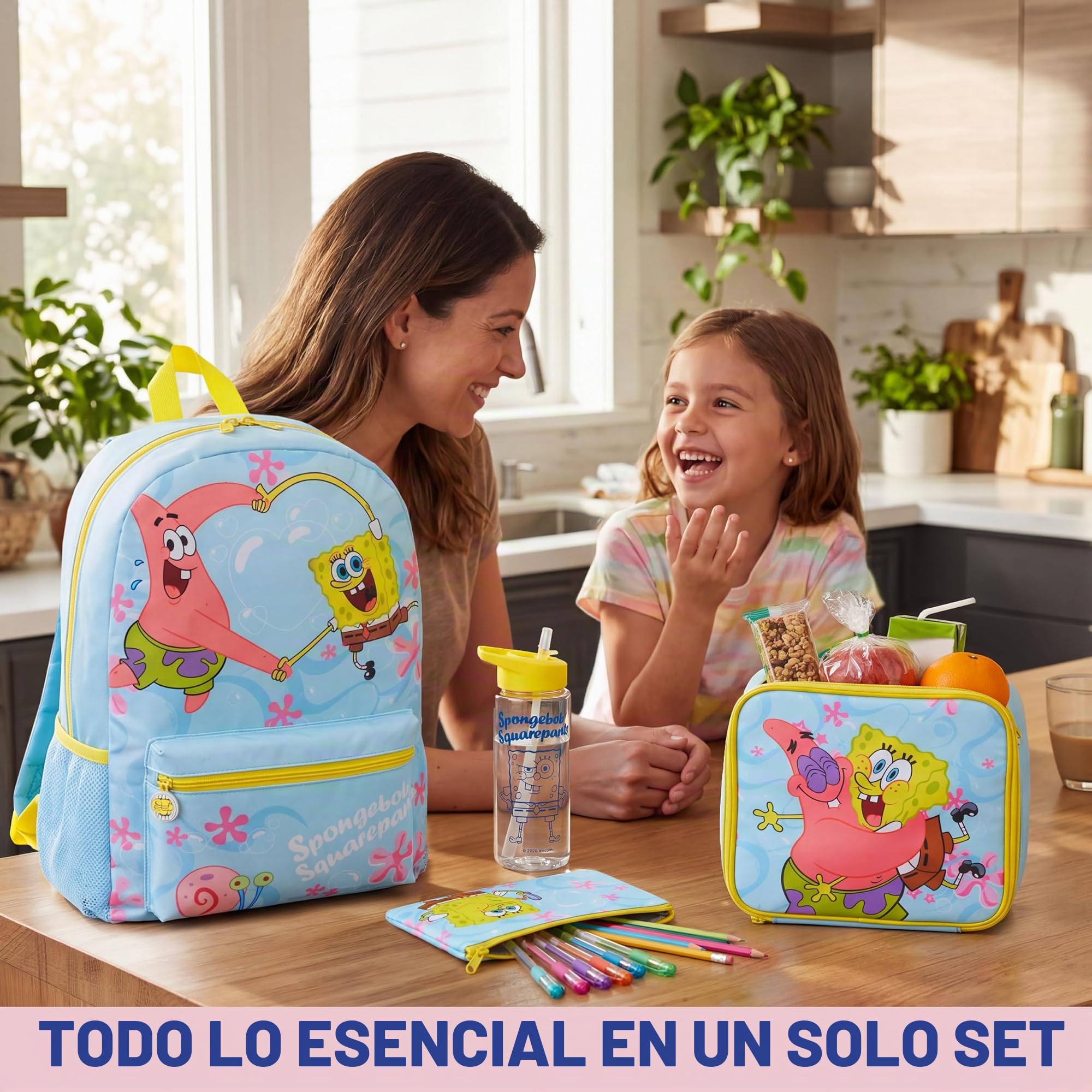 Get Trend Bob Esponja Mochila Escolar Set, 4 Piezas con Grande Mochila Niña 46cm, 500ml Botella Agua Sin BPA, Estuche Escolar y Bolsa Isotermica (Azul Claro/Amarillo Spongebob)