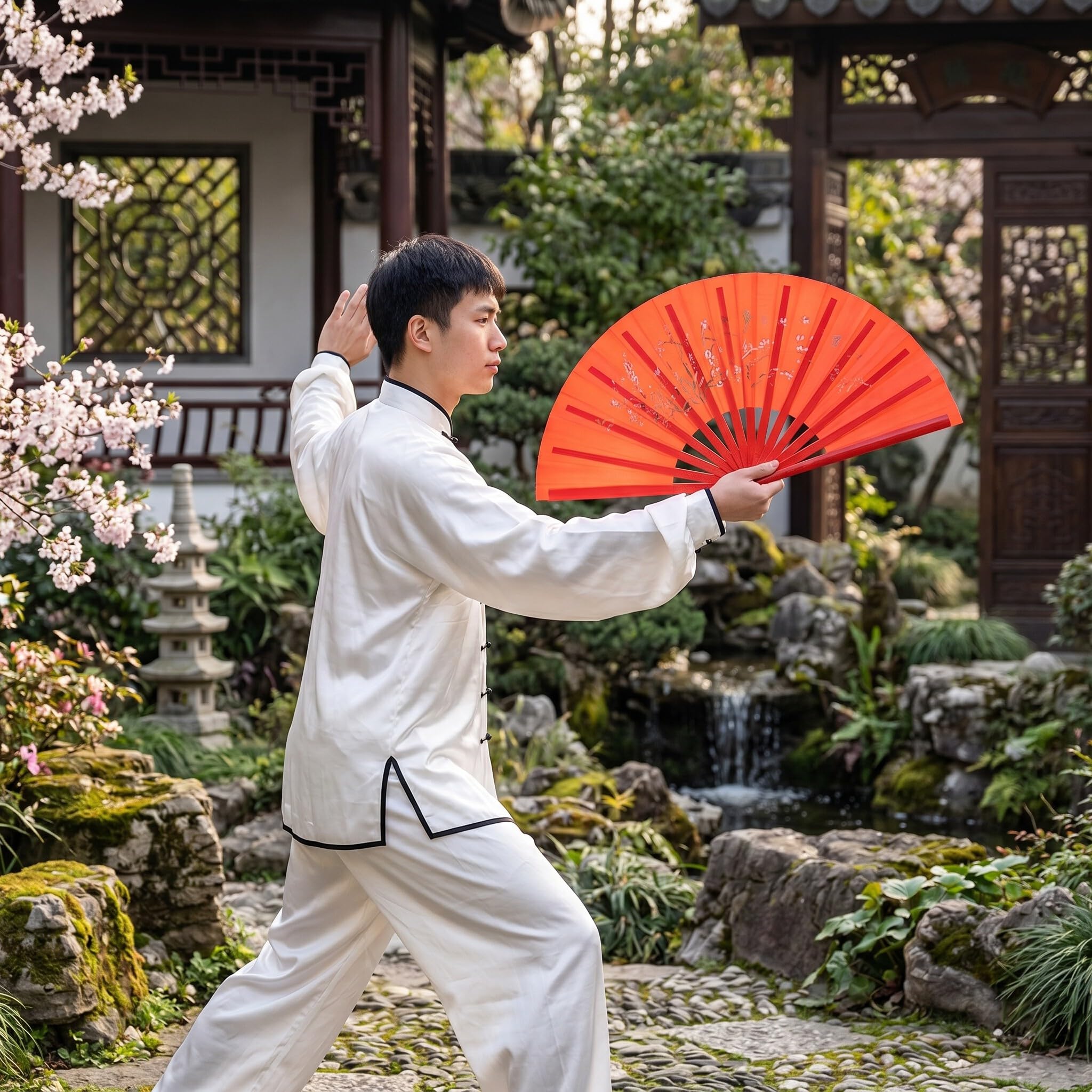 Zerodis Éventail d'arts Martiaux en Bambou Naturel et Soie pour Entraînement et Pratique du Tai Chi et de la Danse avec Mécanisme d'ouverture en Douceur Main Pliante en Soie Rouge (Tige Rouge