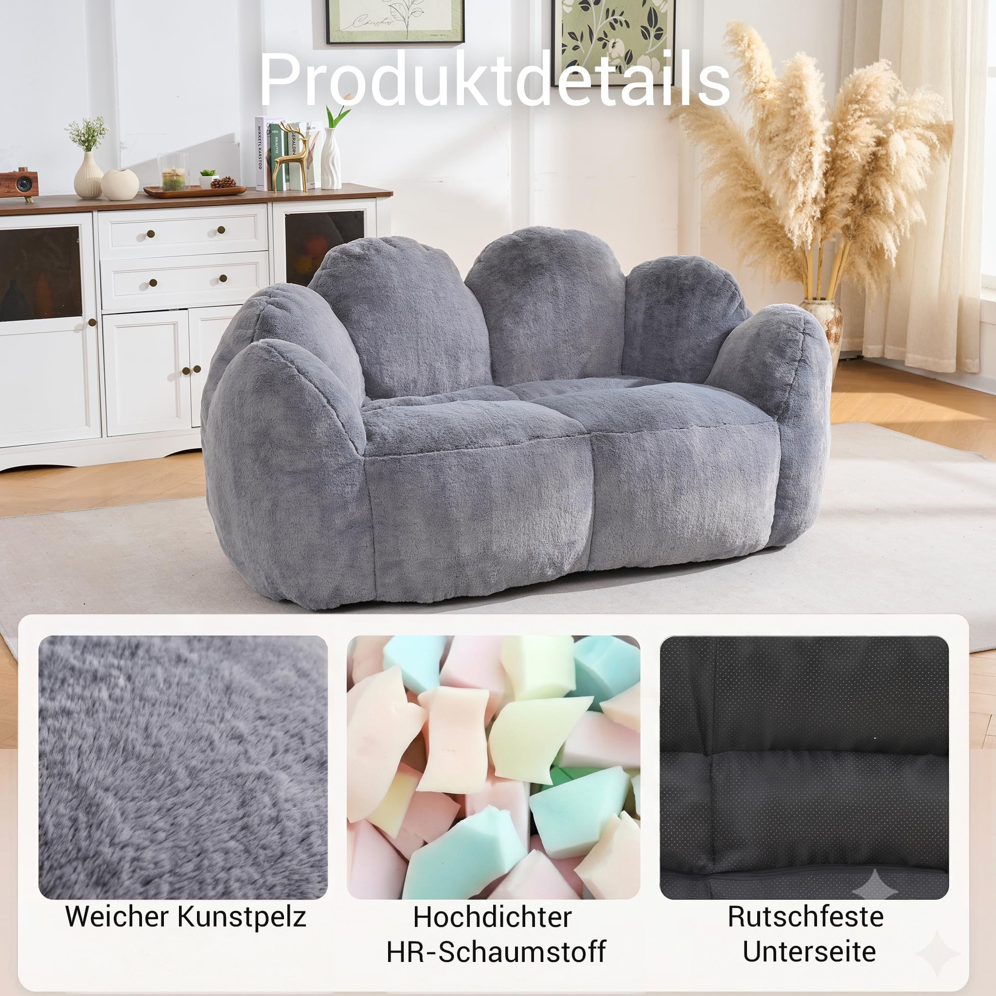 UUKRAVE Pouf double en forme de fleur pour adulte, canapé surdimensionné en fausse fourrure, fauteuil de salon doux avec mousse haute densité pour salon, chambre à coucher, salle de jeux, gris
