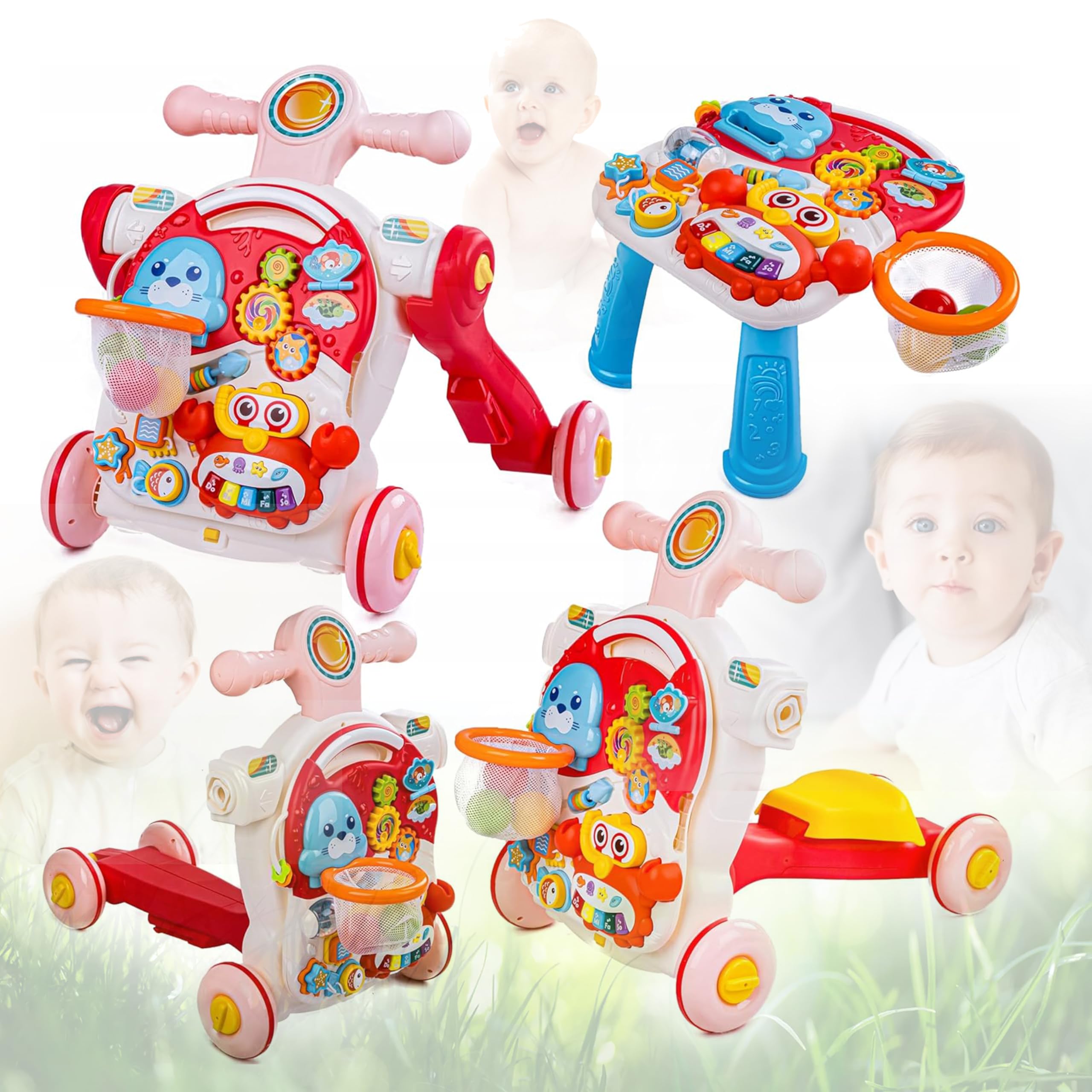 COIL Girello 5 in 1 – Aiuto a camminare, giocattolo educativo musicale, altezza regolabile, deambulatore, apprendimento a piedi, a partire da 1 anno, rosa